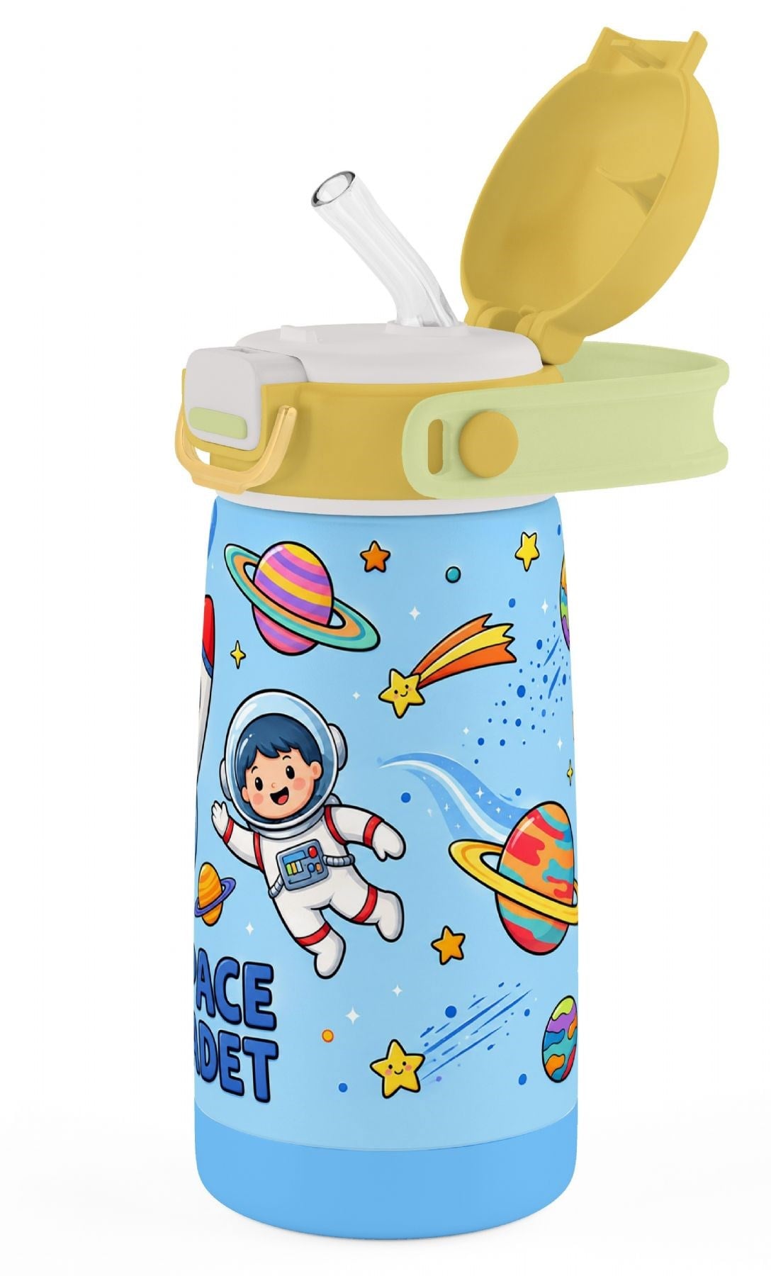 Puccon 420 ml Mavi-Sarı Erkek Çocuk Paslanmaz Çelik Matara 60010 - Uzay ve Astronot Baskılı