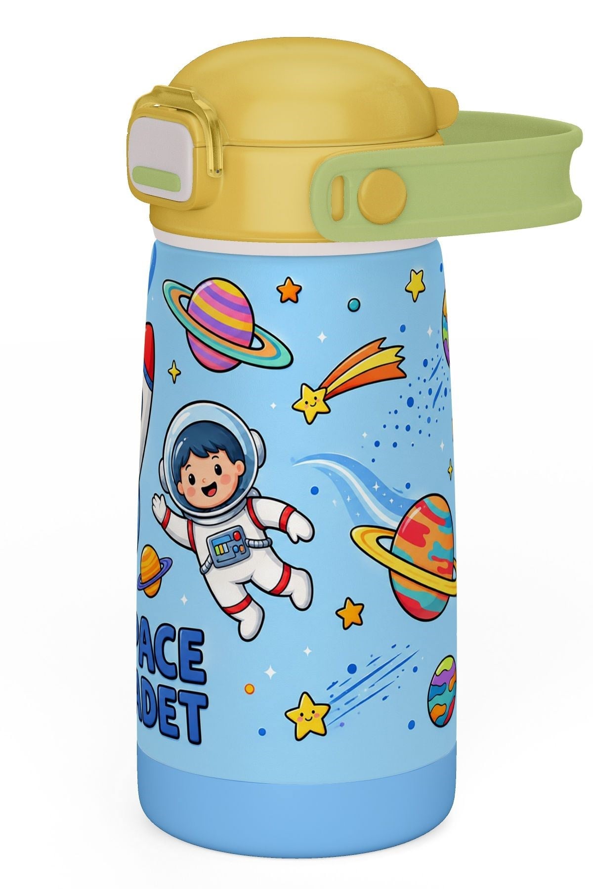 Puccon 420 ml Mavi-Sarı Erkek Çocuk Paslanmaz Çelik Matara 60010 - Uzay ve Astronot Baskılı