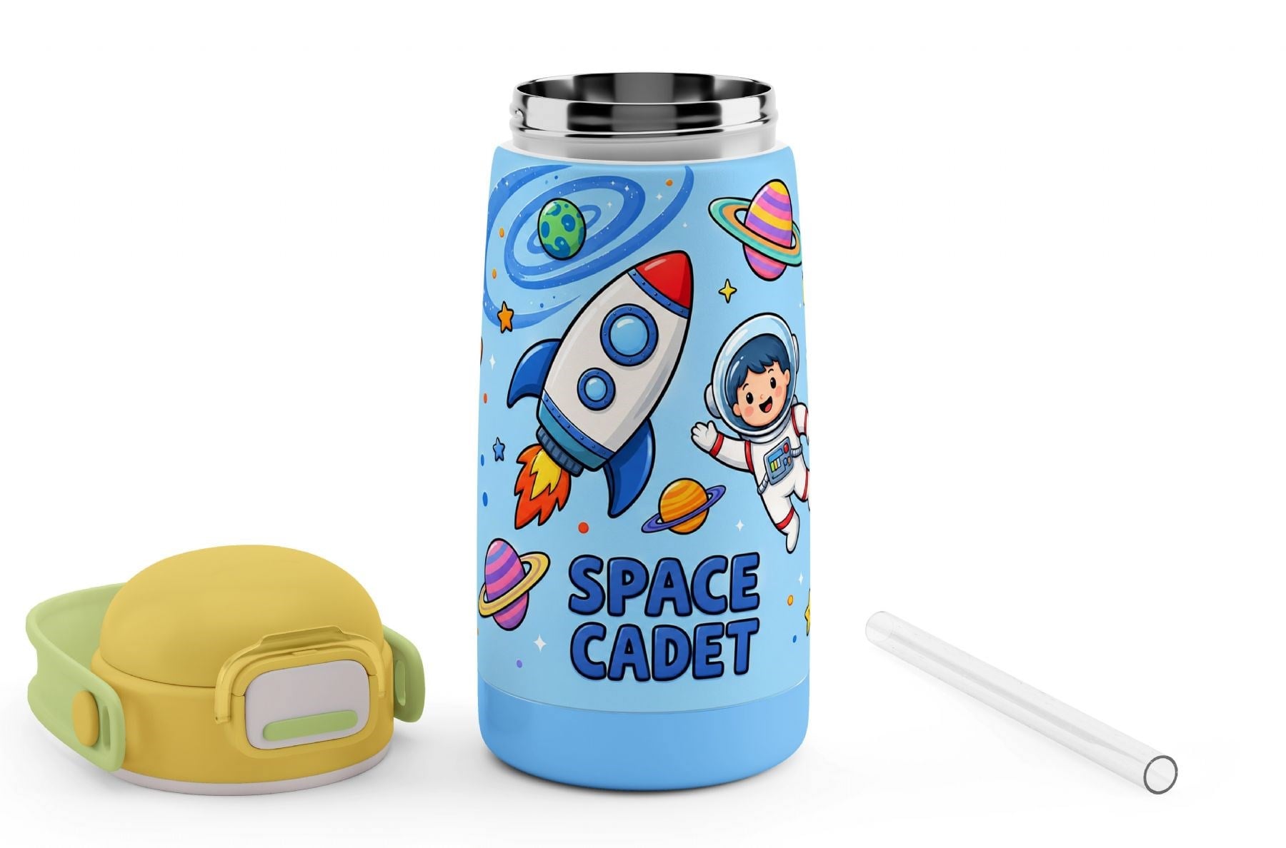 Puccon 420 ml Mavi-Sarı Erkek Çocuk Paslanmaz Çelik Matara 60010 - Uzay ve Astronot Baskılı