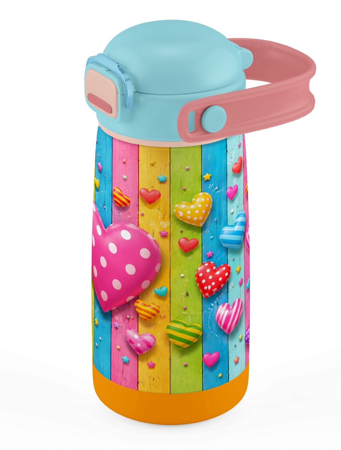 Puccon 420 ml Paslanmaz Çelik Kız Çocuk Okul Termosu-Matarası - 60015 - Pembe Kalp Desenli