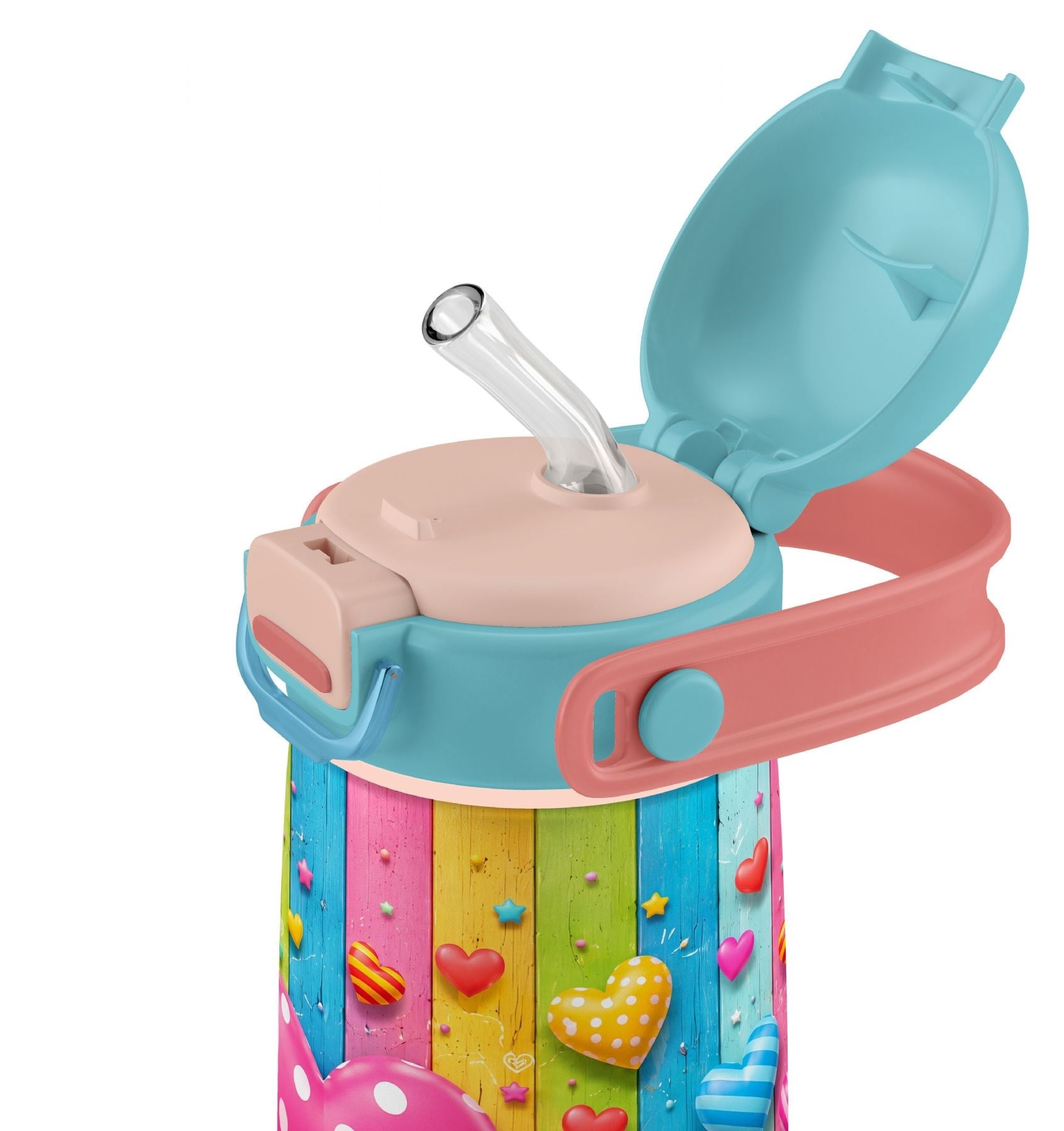 Puccon 420 ml Paslanmaz Çelik Kız Çocuk Okul Termosu-Matarası - 60015 - Pembe Kalp Desenli