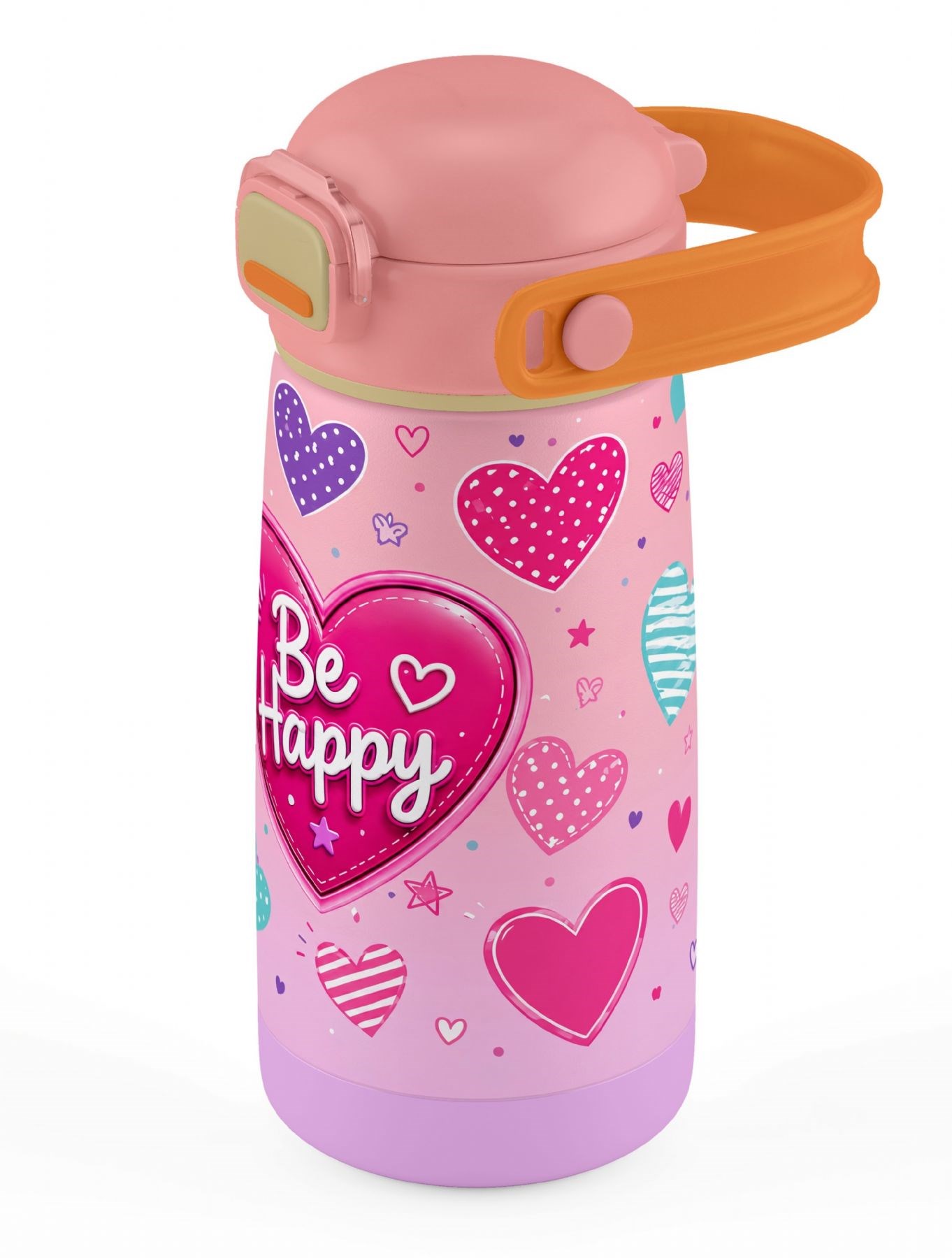 Puccon 420 ml Pembe Kalp Desenli Bey Happy Yazılı Kız Çocuk Çelik Okul Matarası - 60020