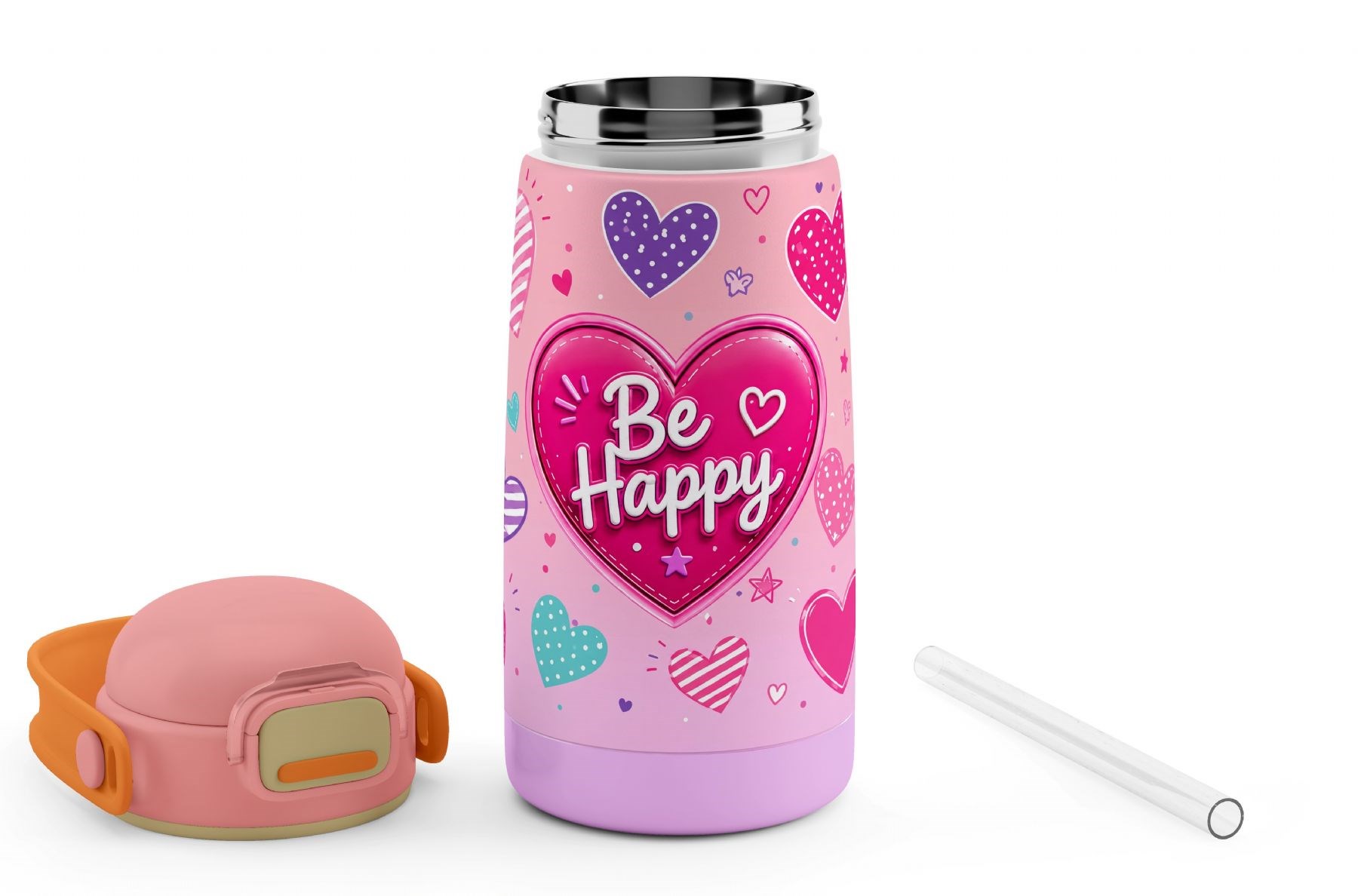 Puccon 420 ml Pembe Kalp Desenli Bey Happy Yazılı Kız Çocuk Çelik Okul Matarası - 60020
