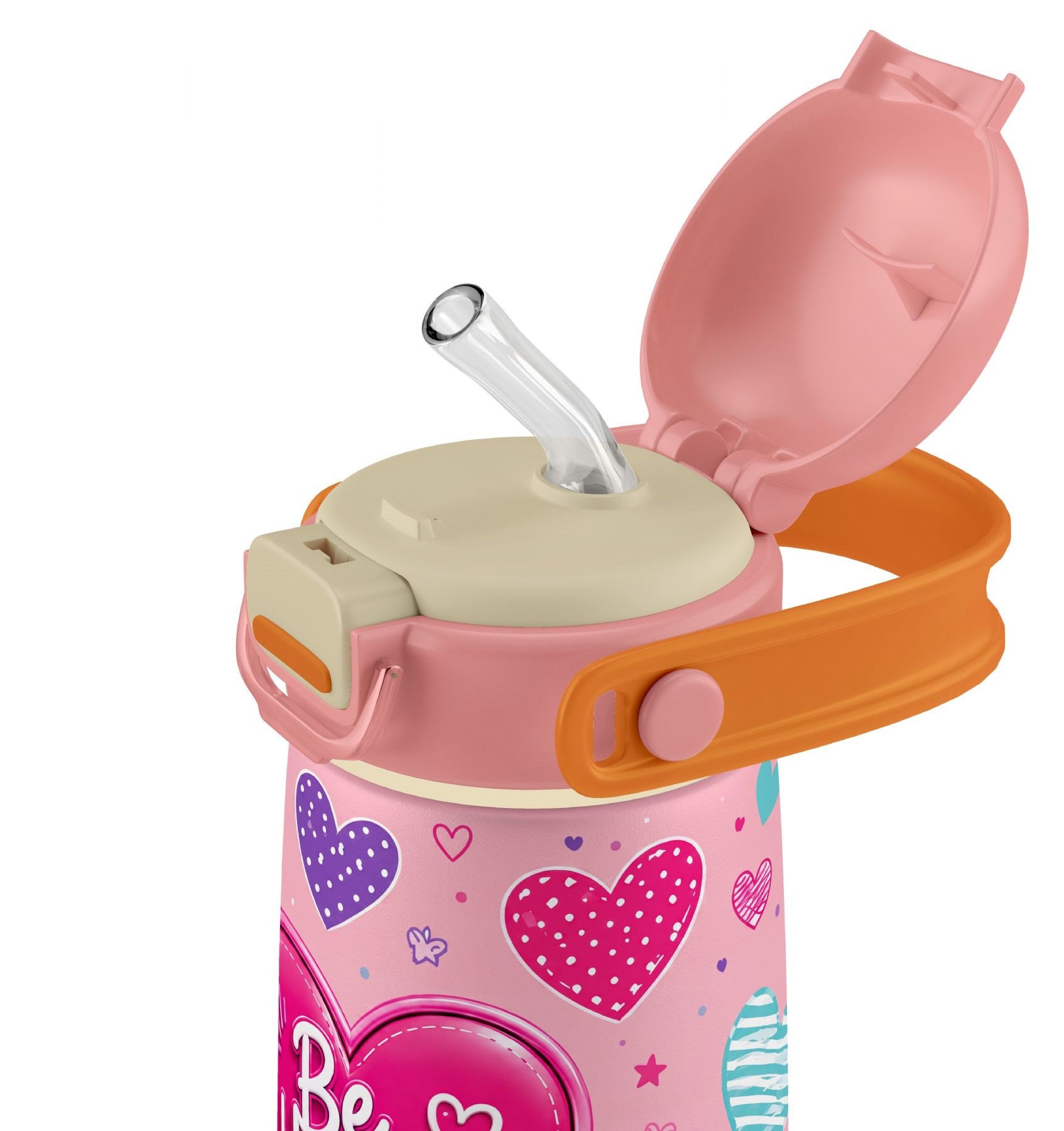 Puccon 420 ml Pembe Kalp Desenli Bey Happy Yazılı Kız Çocuk Çelik Okul Matarası - 60020