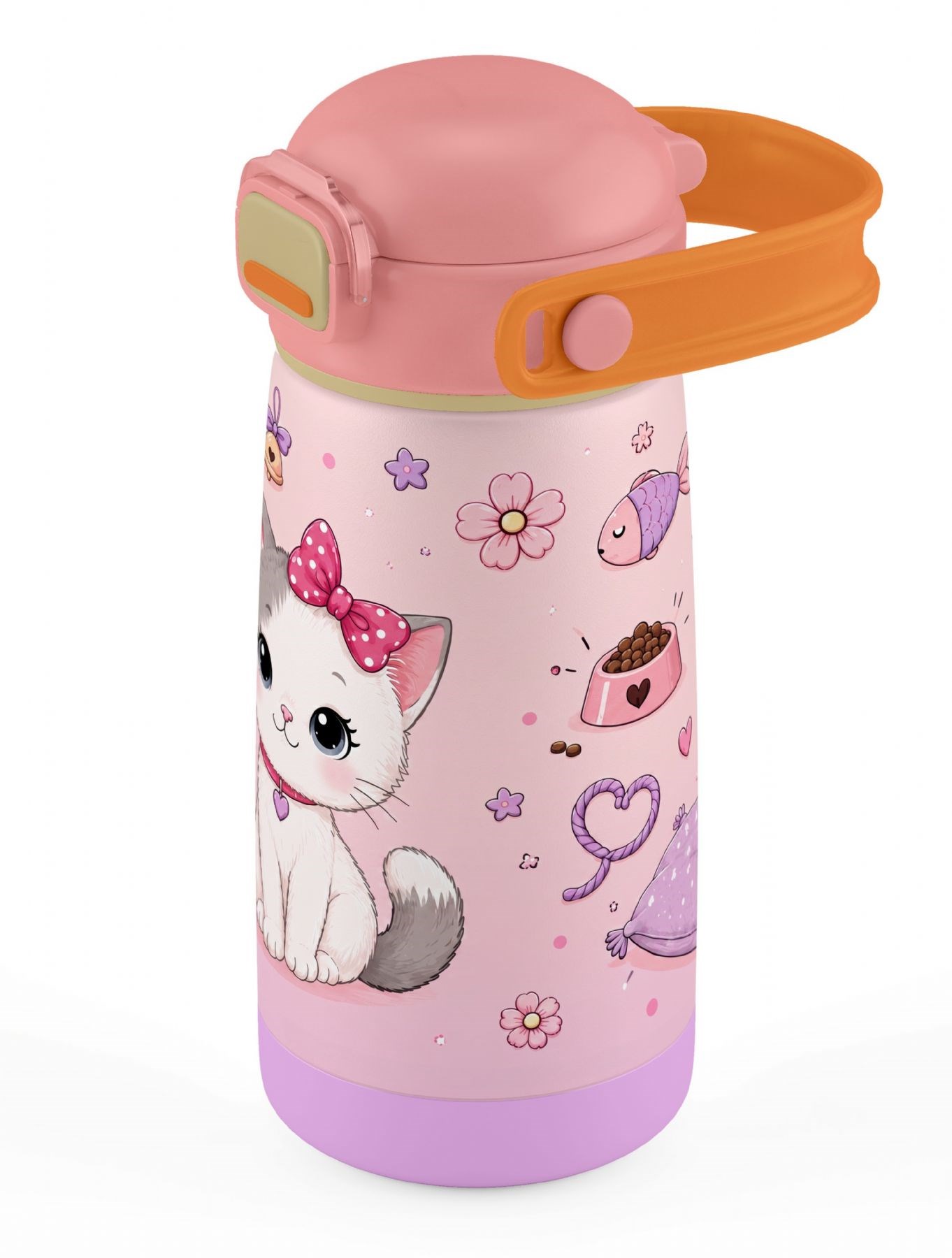 Puccon 420 ml Pembe Sevimli Kedi Baskılı Kız Çocuk İçin Paslanmaz Çelik Termos / Suluk - 60023