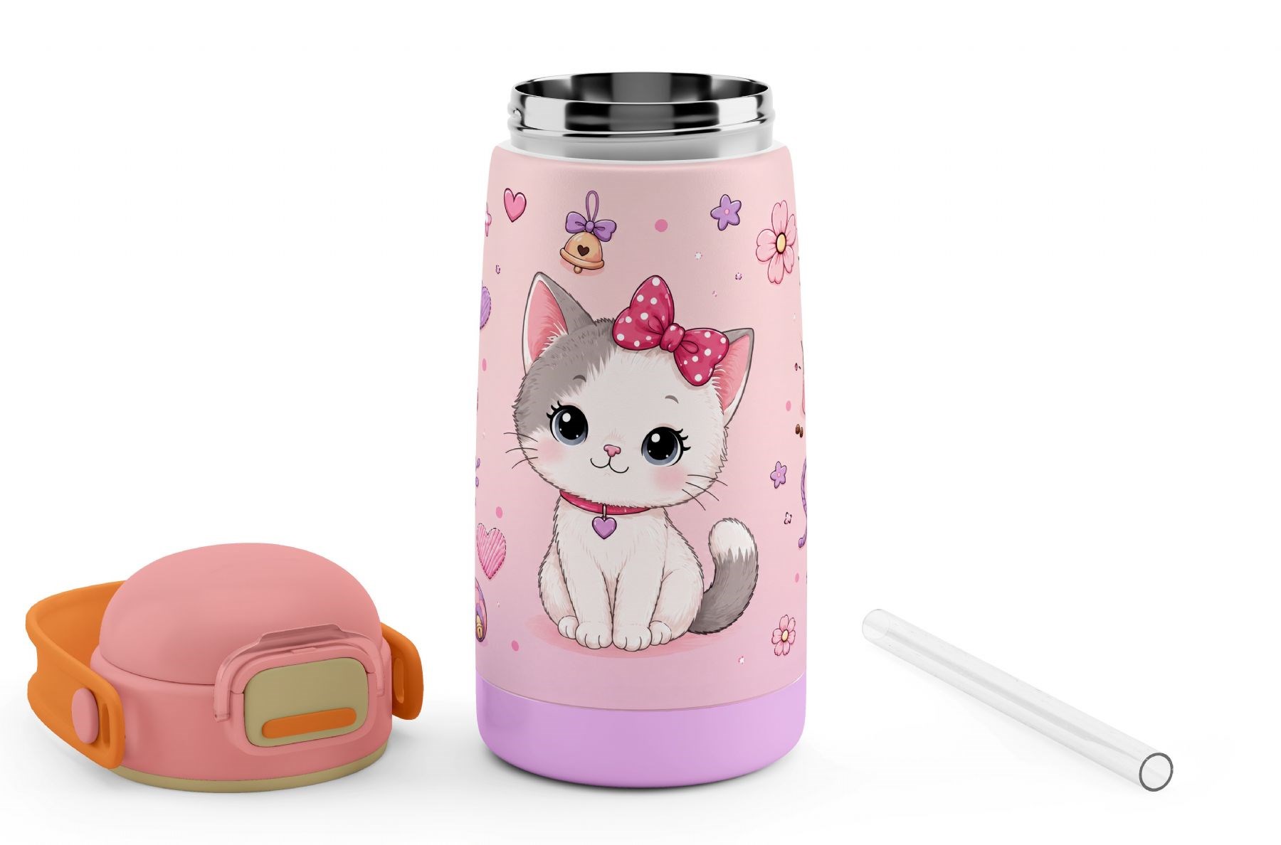 Puccon 420 ml Pembe Sevimli Kedi Baskılı Kız Çocuk İçin Paslanmaz Çelik Termos / Suluk - 60023