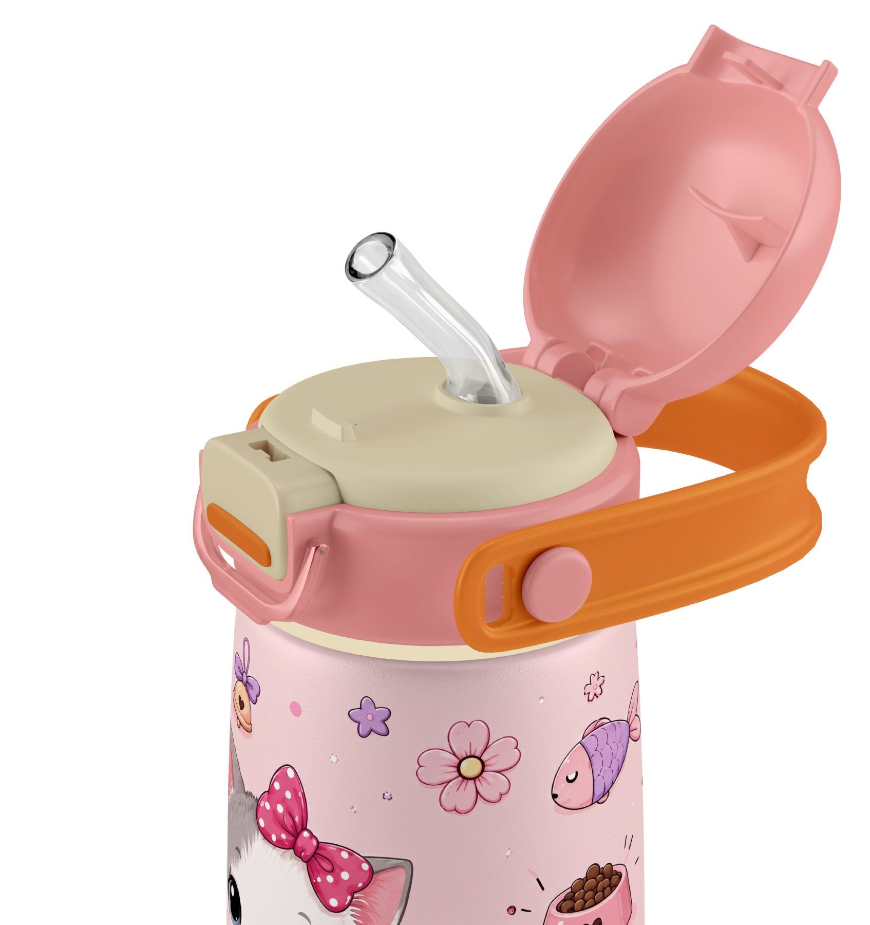 Puccon 420 ml Pembe Sevimli Kedi Baskılı Kız Çocuk İçin Paslanmaz Çelik Termos / Suluk - 60023