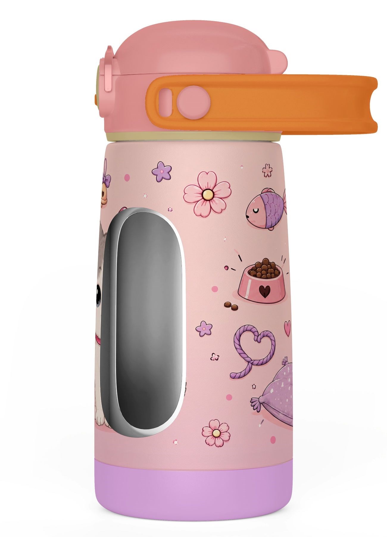 Puccon 420 ml Pembe Sevimli Kedi Baskılı Kız Çocuk İçin Paslanmaz Çelik Termos / Suluk - 60023