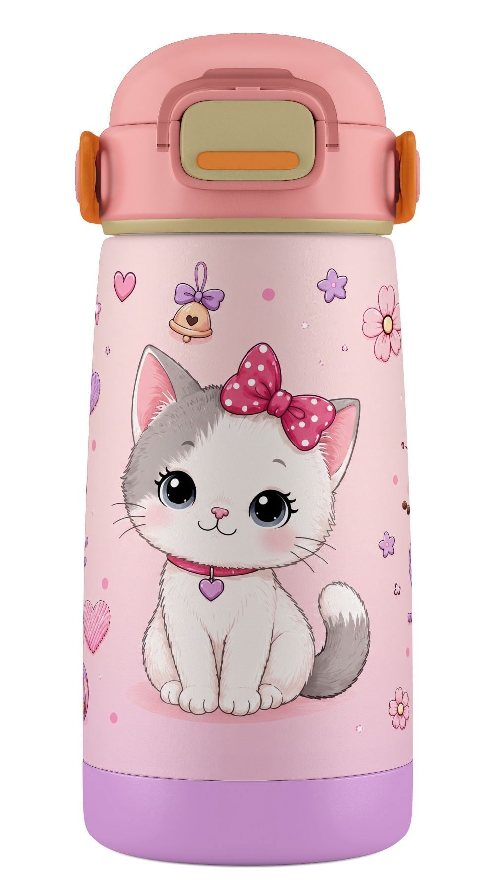 Puccon 420 ml Pembe Sevimli Kedi Baskılı Kız Çocuk İçin Paslanmaz Çelik Termos / Suluk - 60023