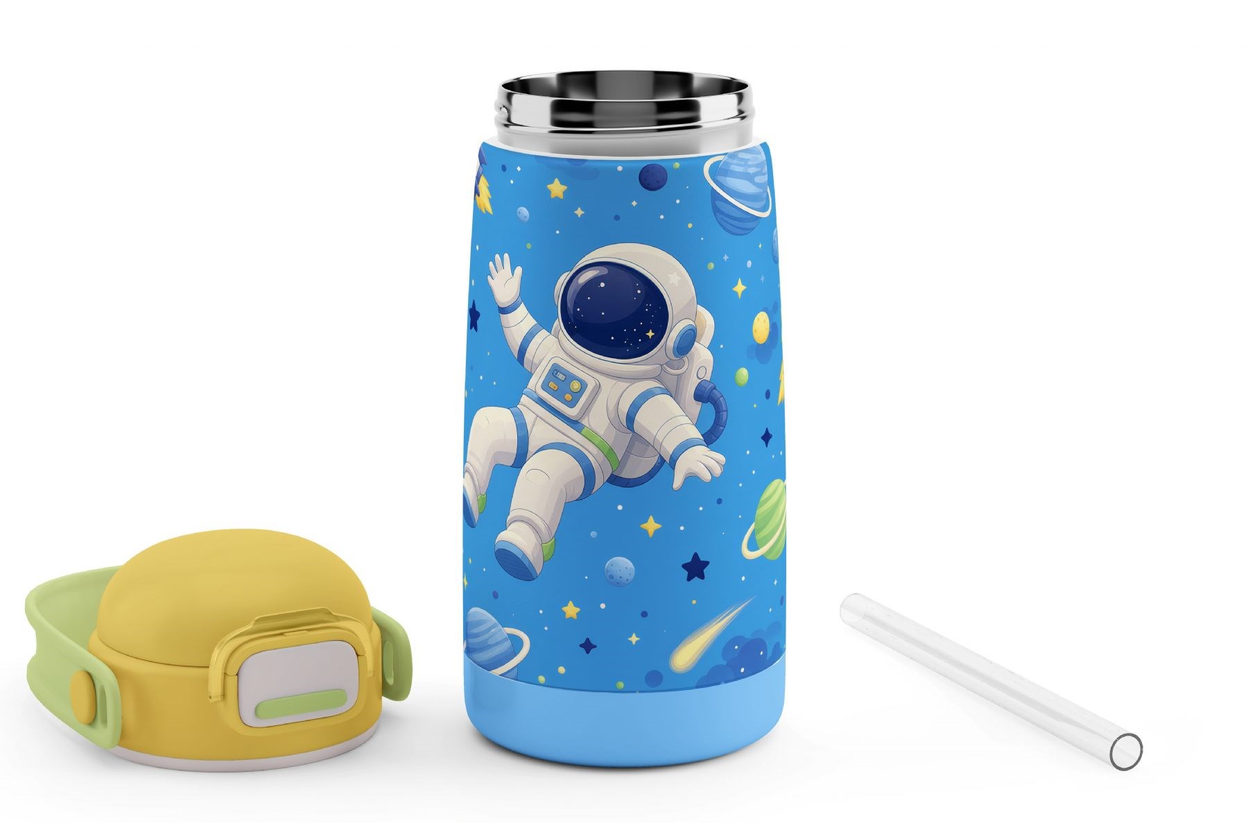 Puccon 420 ml Sarı Mavi Astronot Baskılı Çelik Matara - Erkek Çocuk - 60008