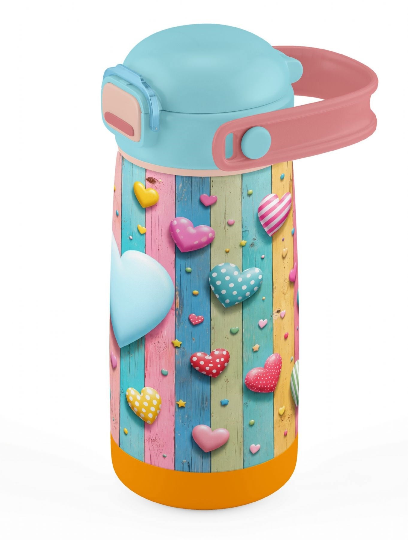 Puccon 420 ml Turkuaz Pembe Kız Çocuk Kalp Desenli Çelik Matara - 60012