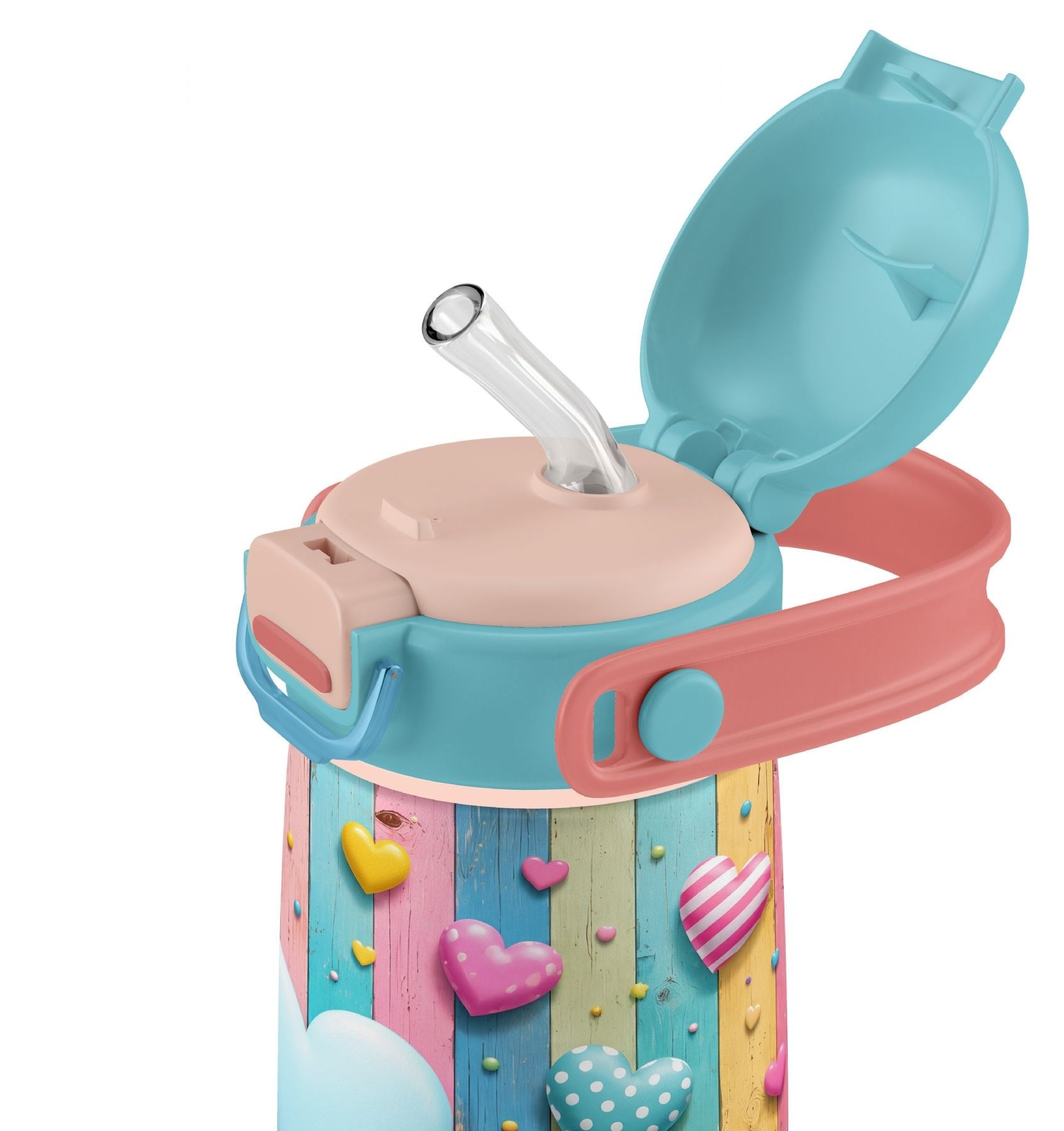 Puccon 420 ml Turkuaz Pembe Kız Çocuk Kalp Desenli Çelik Matara - 60012