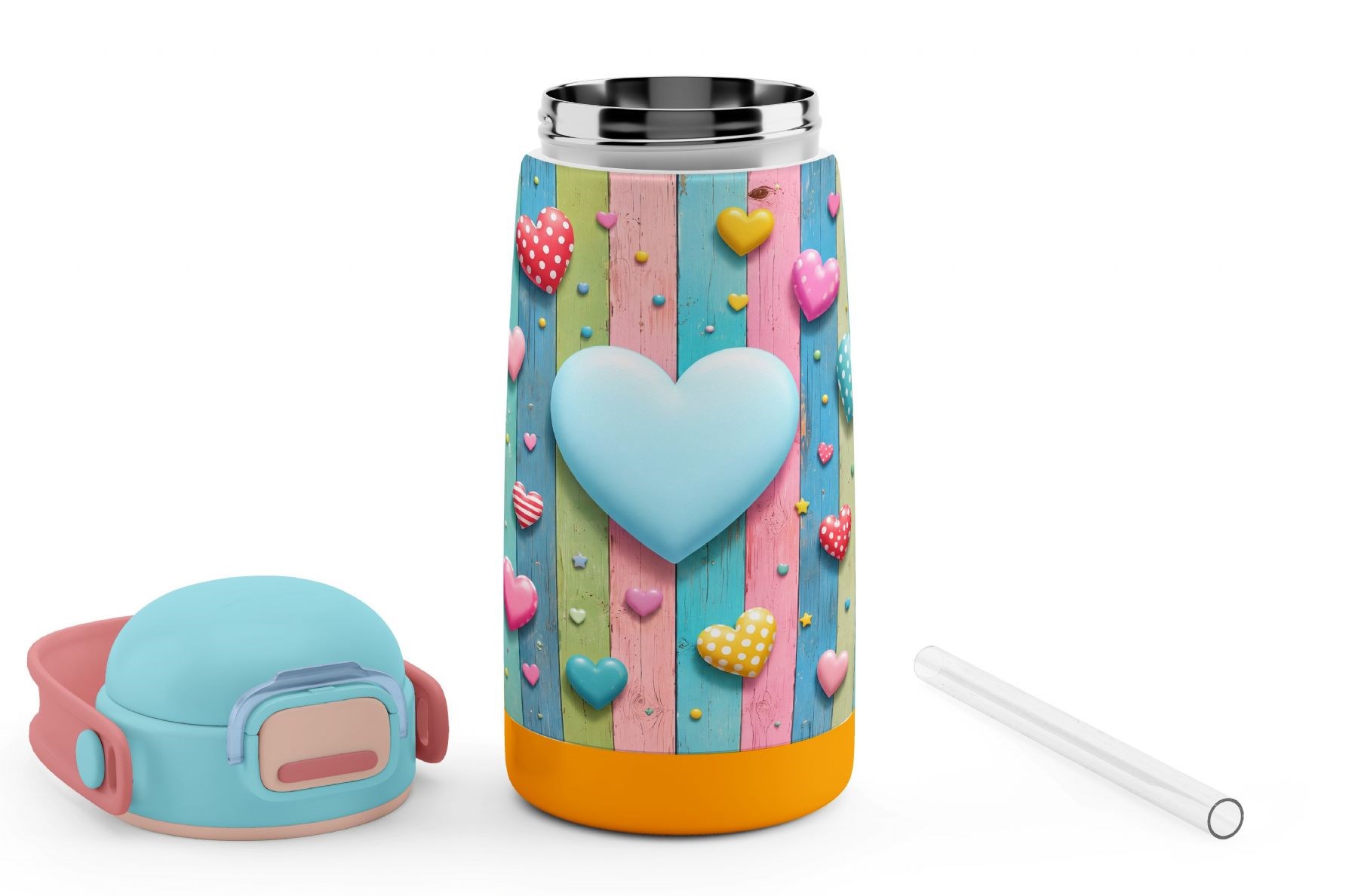 Puccon 420 ml Turkuaz Pembe Kız Çocuk Kalp Desenli Çelik Matara - 60012