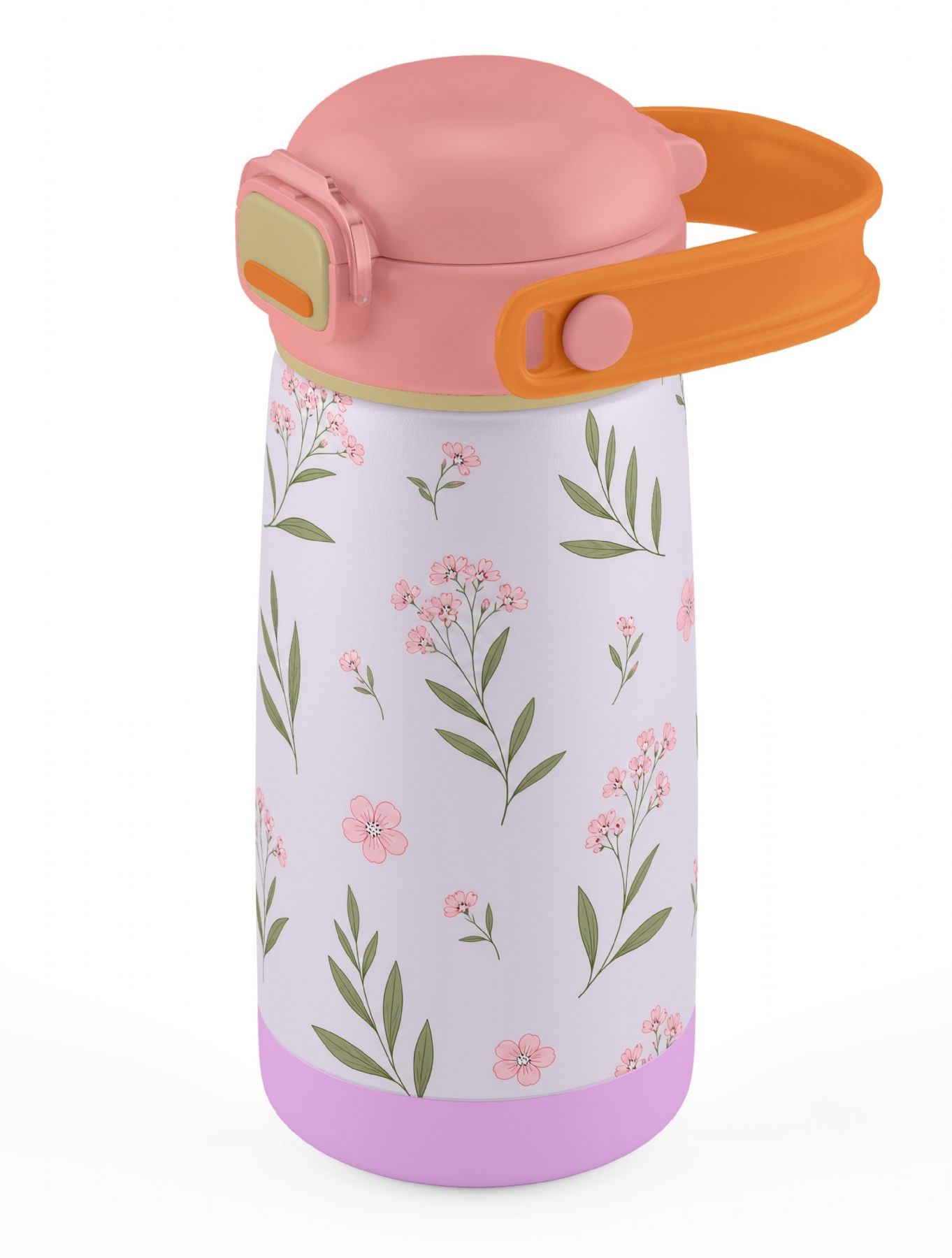 Puccon 420 ml Yaprak Desenli Pembe-Lila Kız Çocuk Okul ve Günlük Çelik Matara - 60007