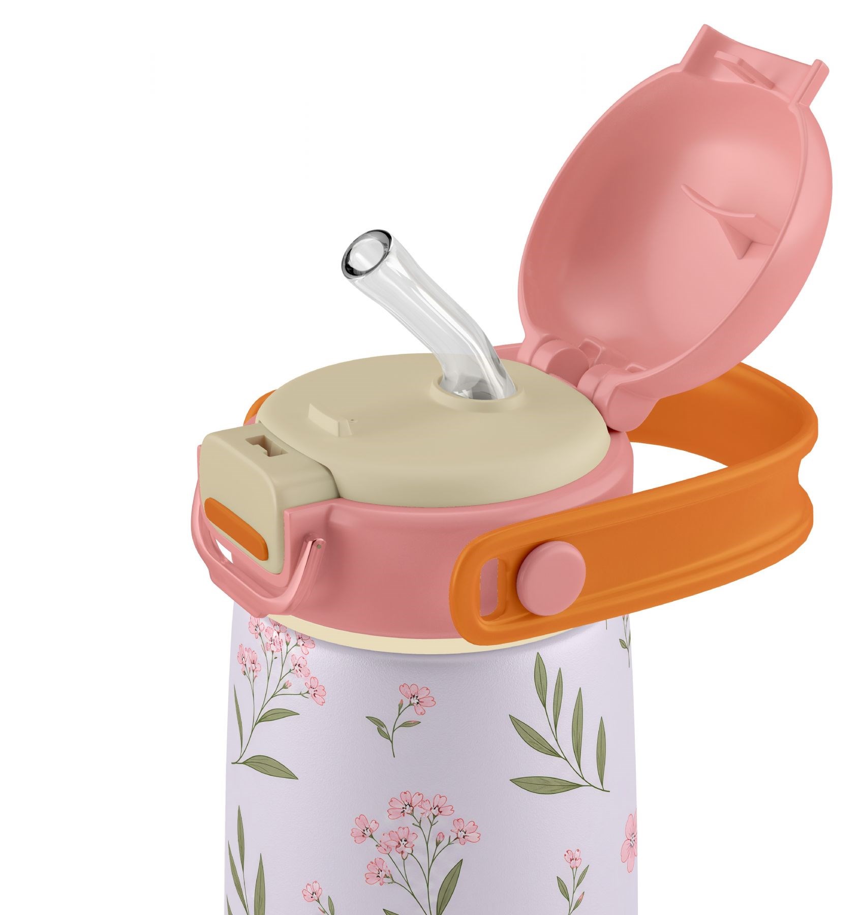 Puccon 420 ml Yaprak Desenli Pembe-Lila Kız Çocuk Okul ve Günlük Çelik Matara - 60007