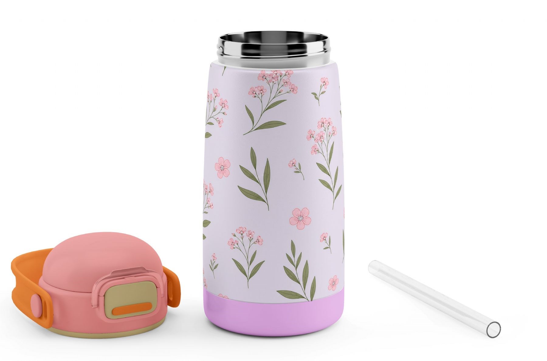 Puccon 420 ml Yaprak Desenli Pembe-Lila Kız Çocuk Okul ve Günlük Çelik Matara - 60007