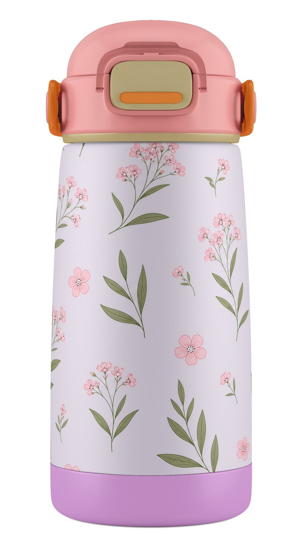 Puccon 420 ml Yaprak Desenli Pembe-Lila Kız Çocuk Okul ve Günlük Çelik Matara - 60007