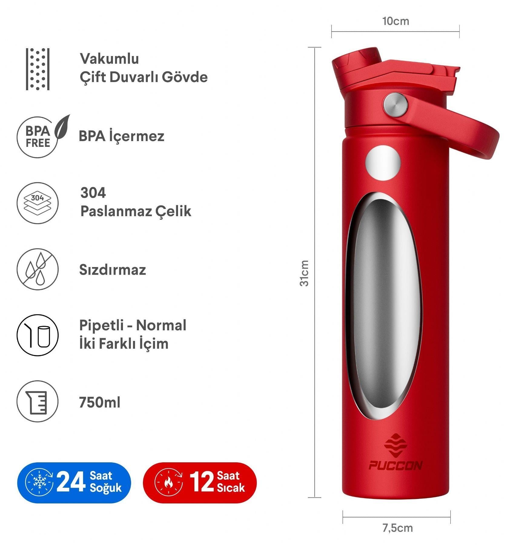 Puccon 750 ml Kırmızı Paslanmaz Çelik Termos/Matara/Suluk