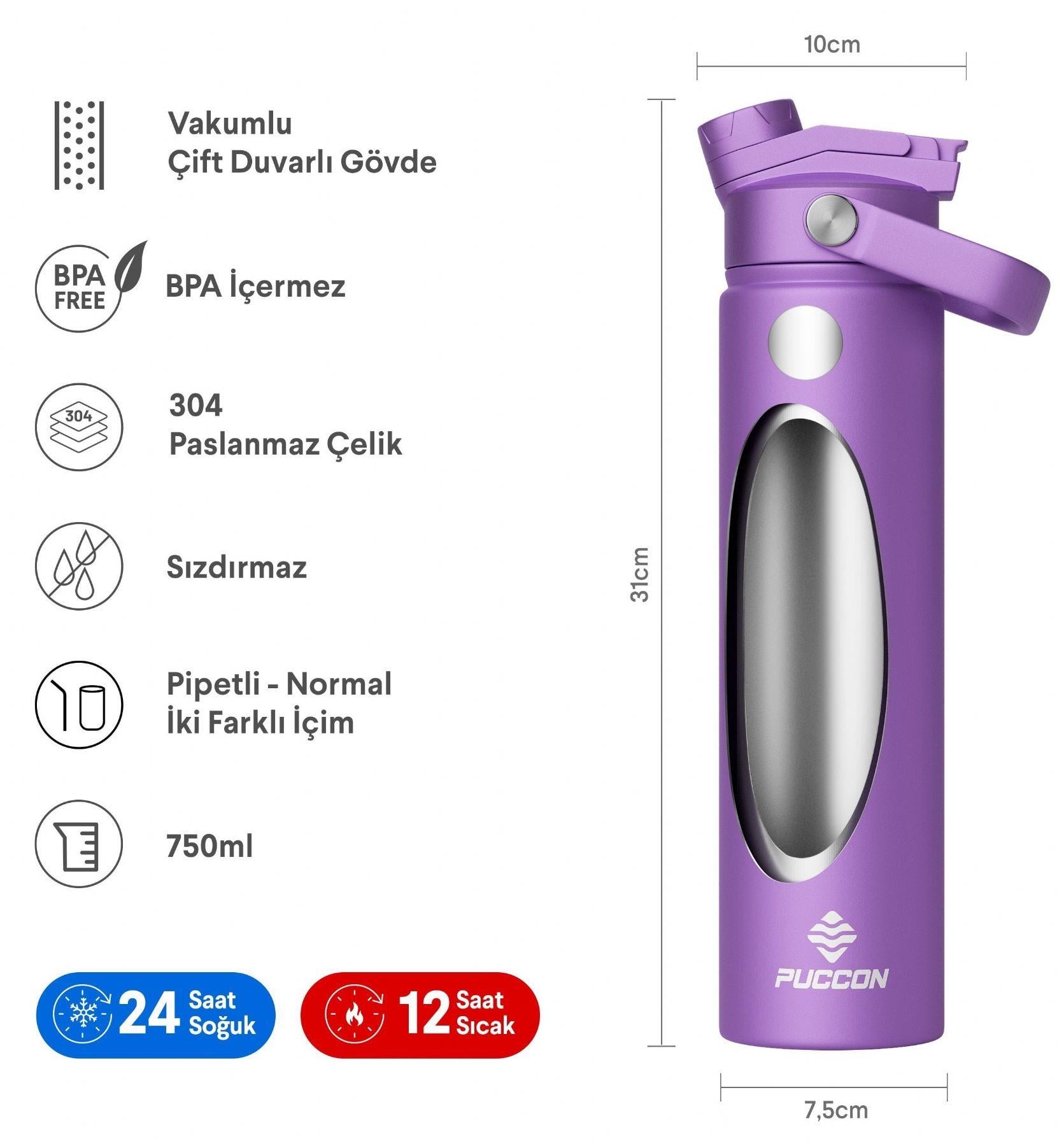 Puccon 750 ml Lila Paslanmaz Çelik Termos/Matara/Suluk
