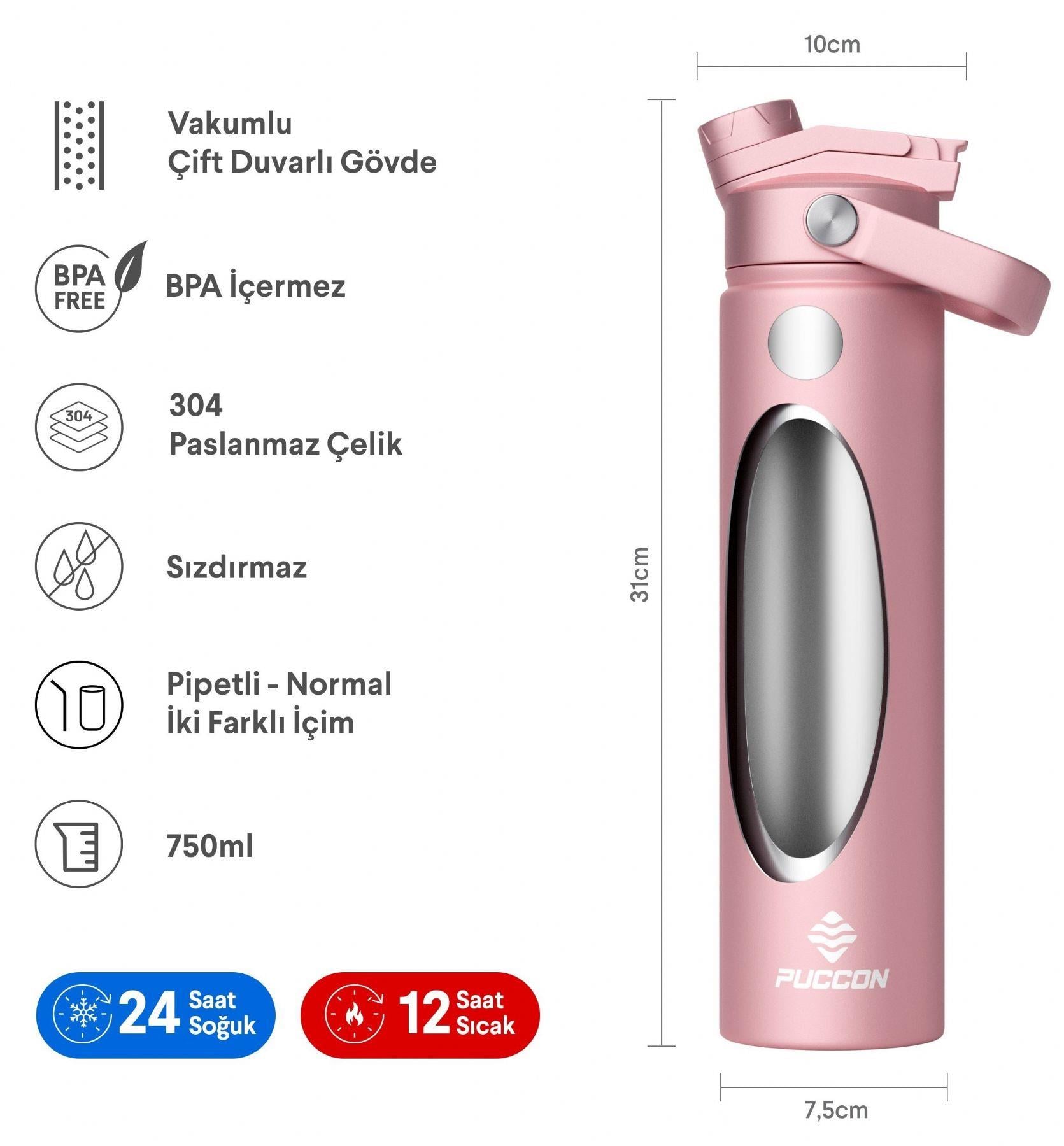 Puccon 750 ml Pembe Paslanmaz Çelik Termos/Matara/Suluk