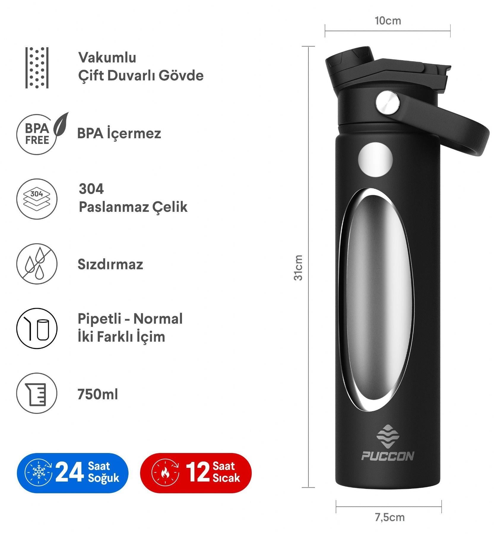 Puccon 750 ml Siyah Paslanmaz Çelik Termos/Matara/Suluk