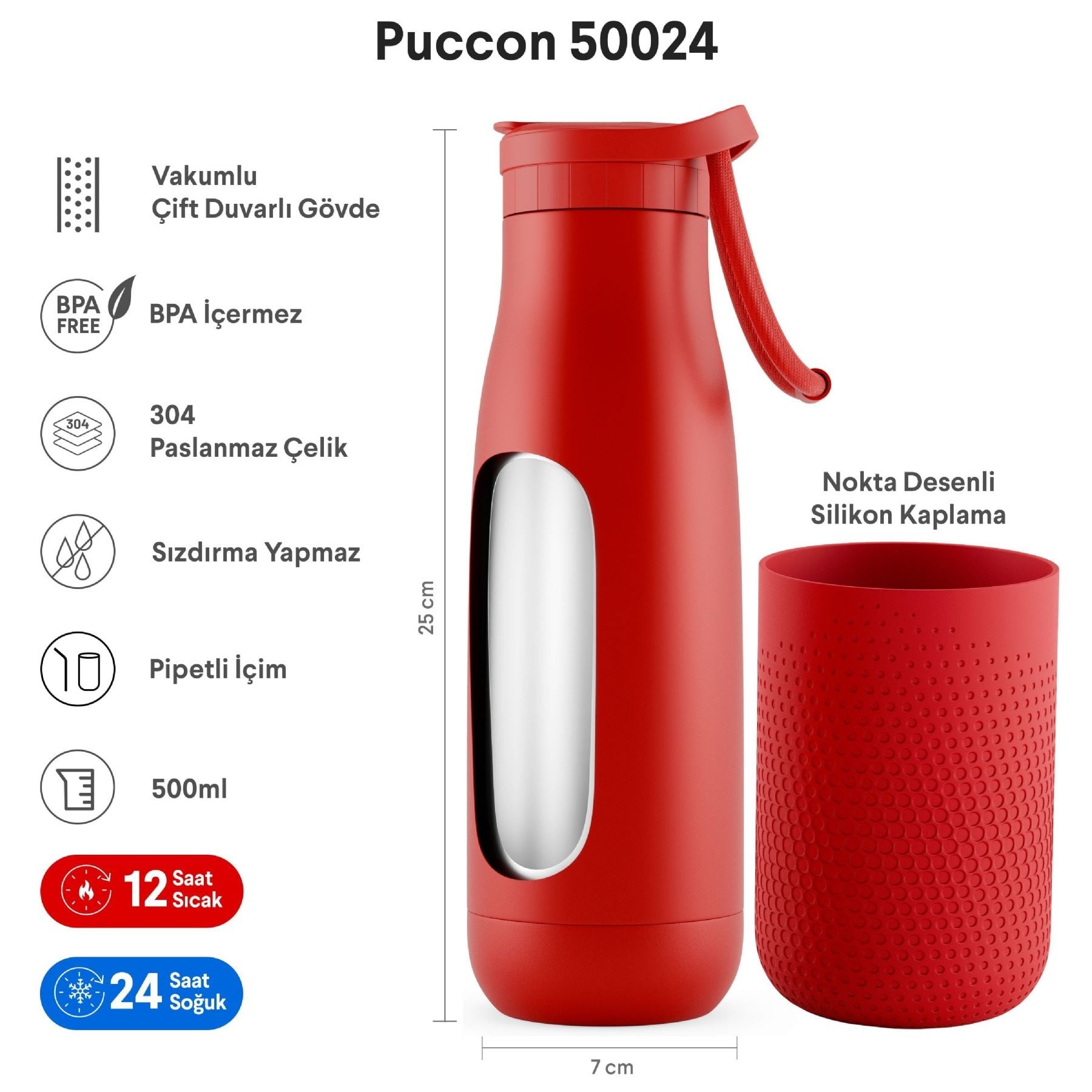 Puccon Kırmızı 500 ml Çelik Okul Matarası - Silikon Gövdeli (Nokta) Çelik Termos -  50024