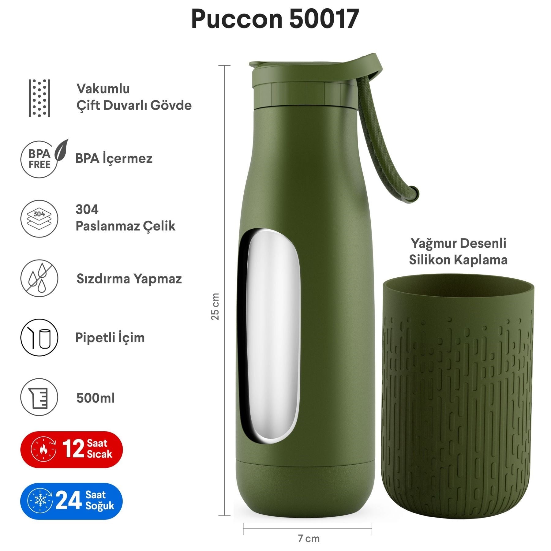 Puccon Pipetli 500 ml Haki Paslanmaz Çelik Matara/Suluk - Silikon Gövde (Yağmur) - 50017