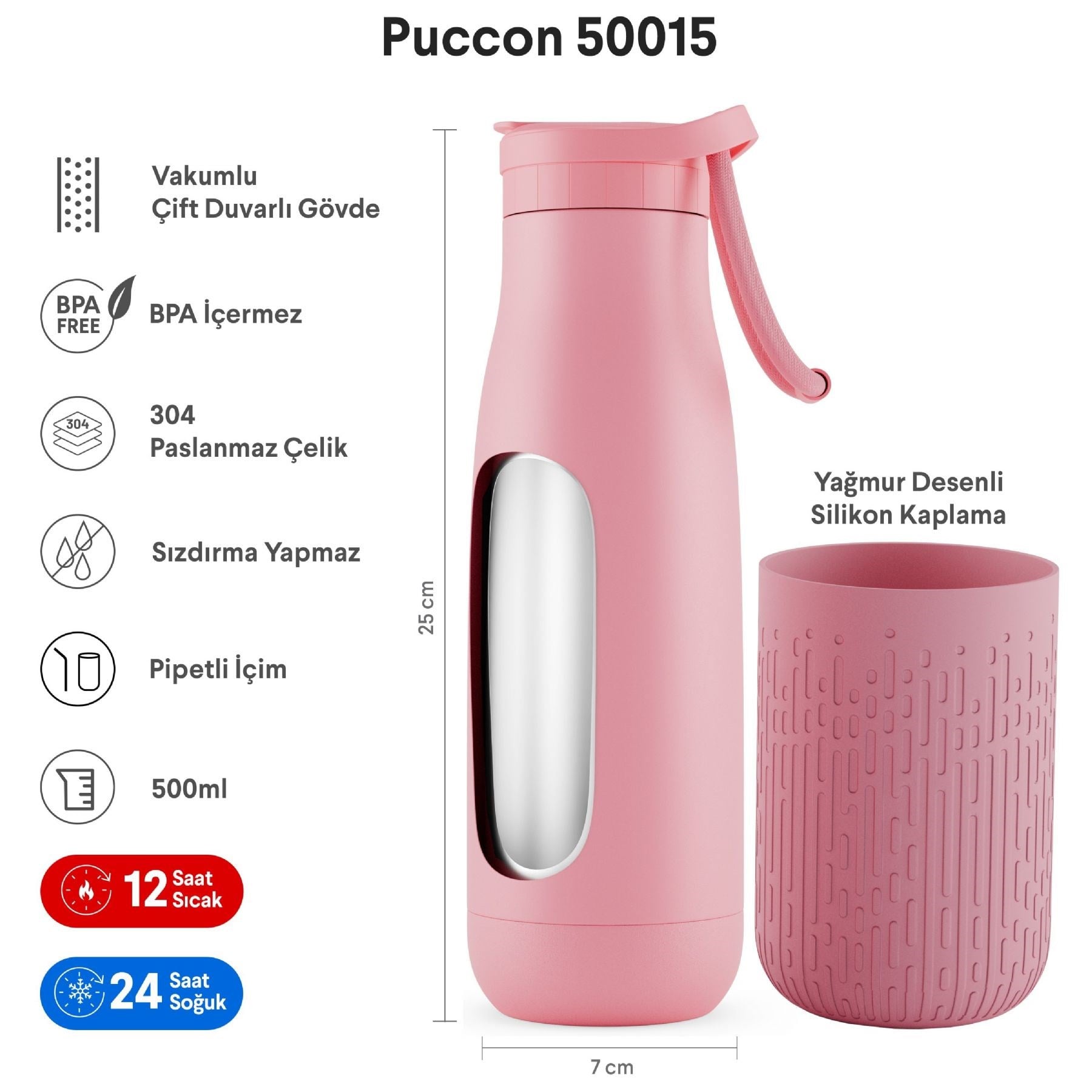 Puccon Pipetli 500 ml Pembe Paslanmaz Çelik Matara/Suluk - Silikon Gövde (Yağmur) - 50015