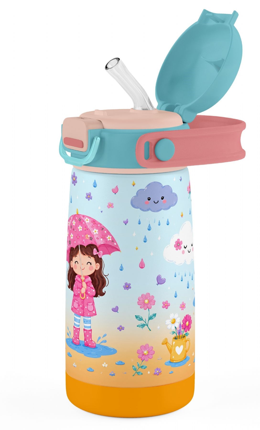 Puccon Yağmurlu Günde Şemsiyeli Kız Baskılı Kız Çocuk Okul ve Günlük Matara (Paslanmaz Çelik) - 60026