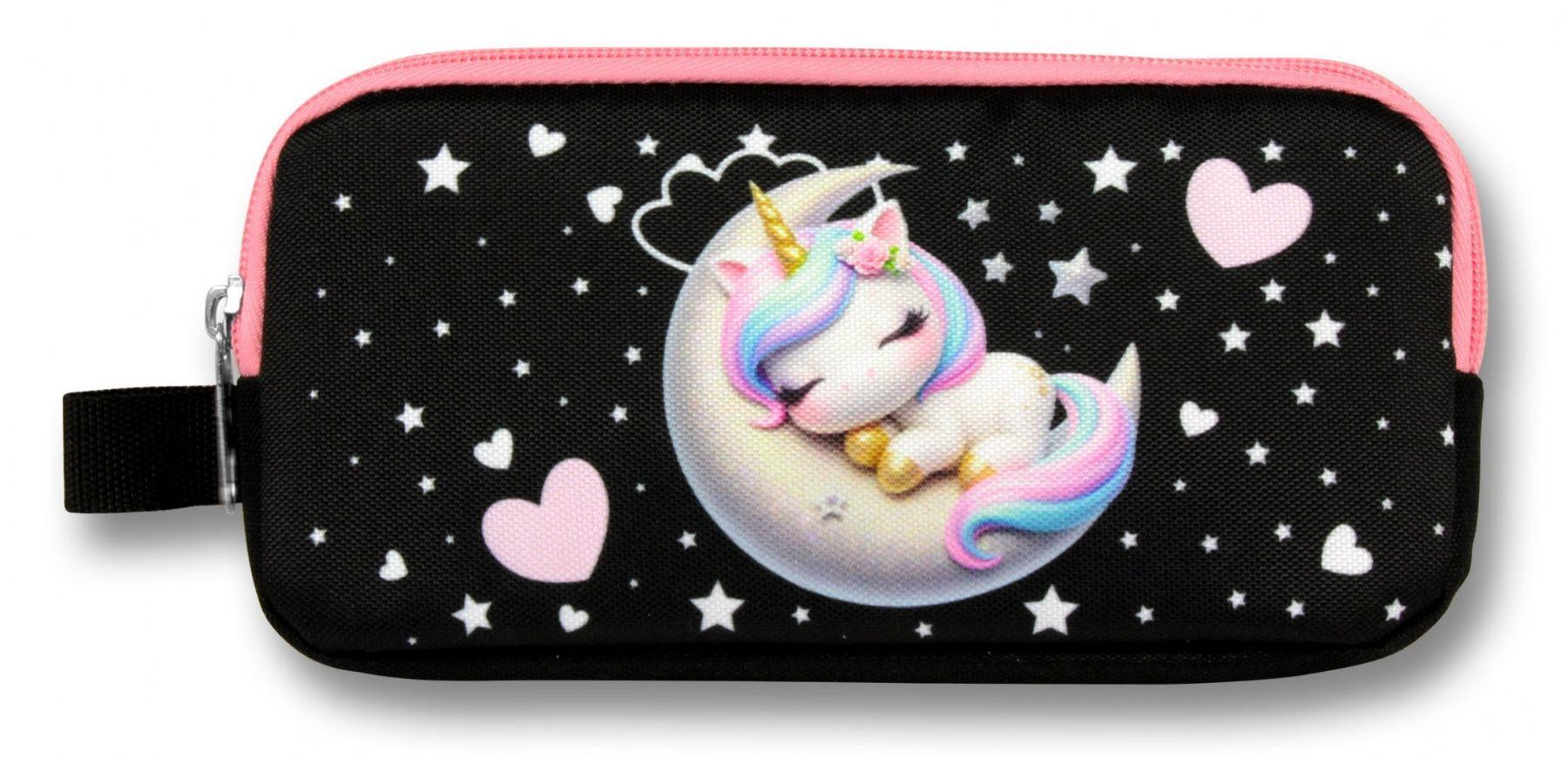 Ümit Çanta 5062 (Uykucu Unicorn Desenli - Siyah Pembe Renkli) Kız Çocuk Kalem Çantası