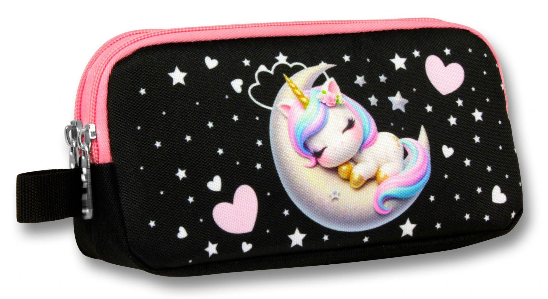 Ümit Çanta 5062 (Uykucu Unicorn Desenli - Siyah Pembe Renkli) Kız Çocuk Kalem Çantası