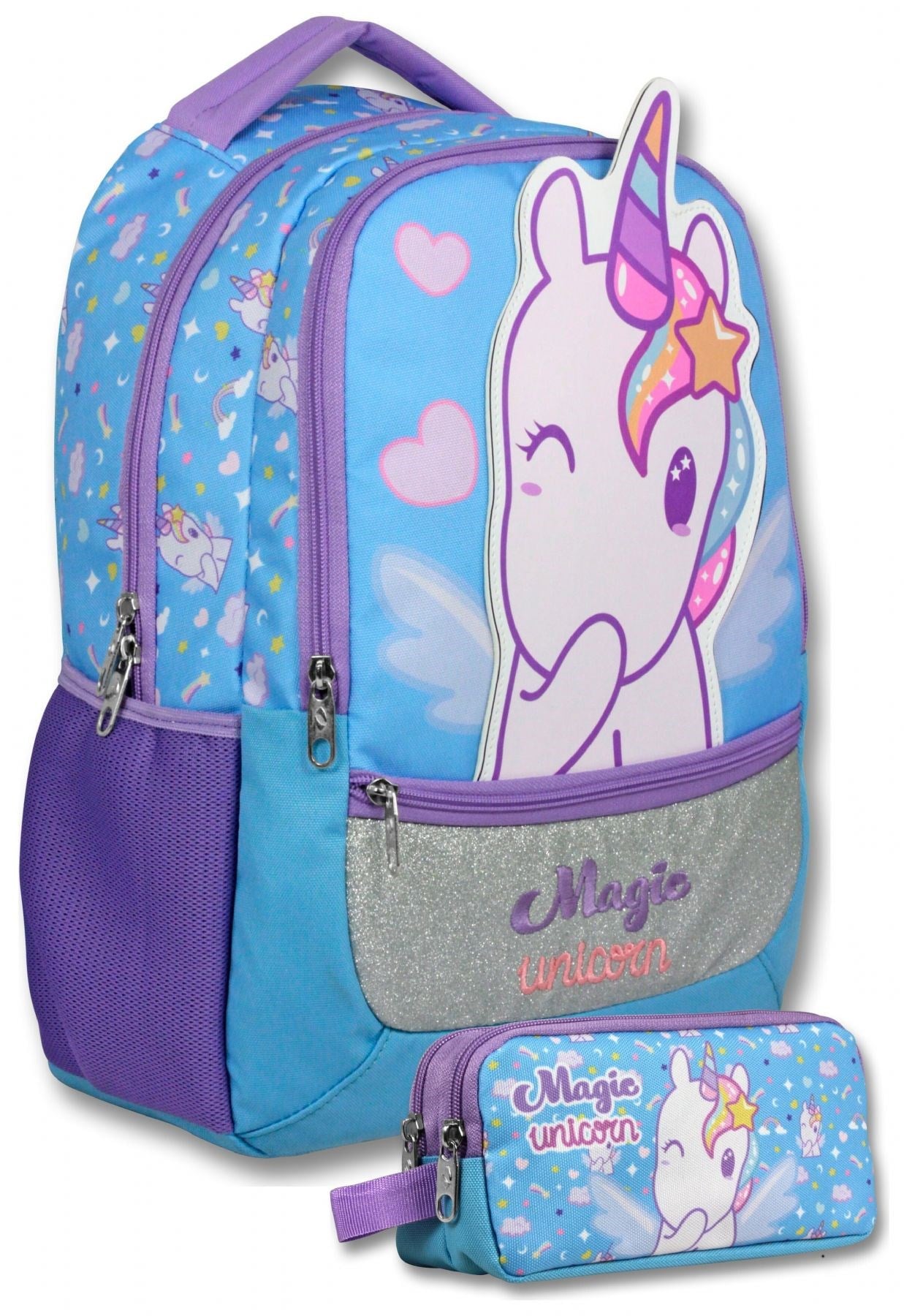 Ümit Çanta (Mor - Turkuaz) Kız Çocuk Magic Unicorn Baskılı İlkokul Çantası ve Kalemlik Seti - SETUMT6015C