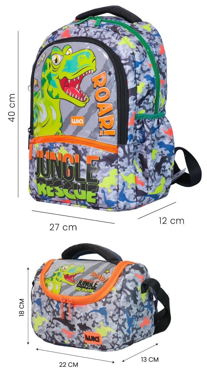 Wia Dinazor Baskılı Erkek Çocuk Okul Sırt Çantası ve Isı Yalıtımlı Beslenme Çantası Seti - Yeşil