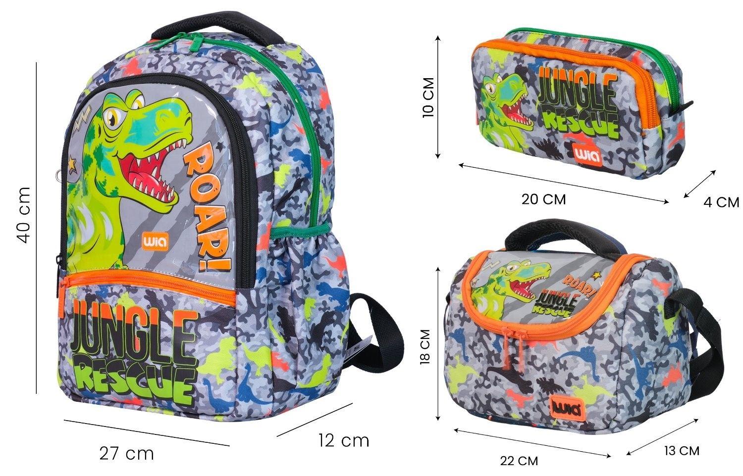 Wia Dinazor Baskılı Erkek Çocuk Üçlü Okul Çanta Seti - Gri-Yeşil