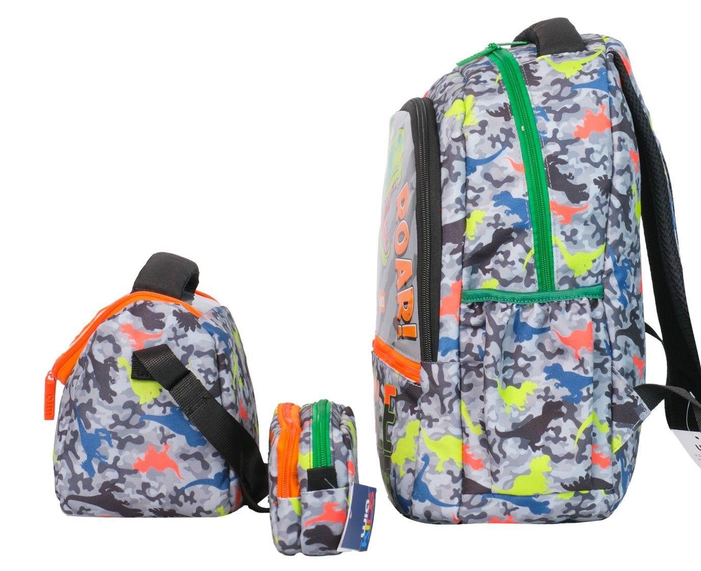 Wia Dinazor Baskılı Erkek Çocuk Üçlü Okul Çanta Seti - Gri-Yeşil