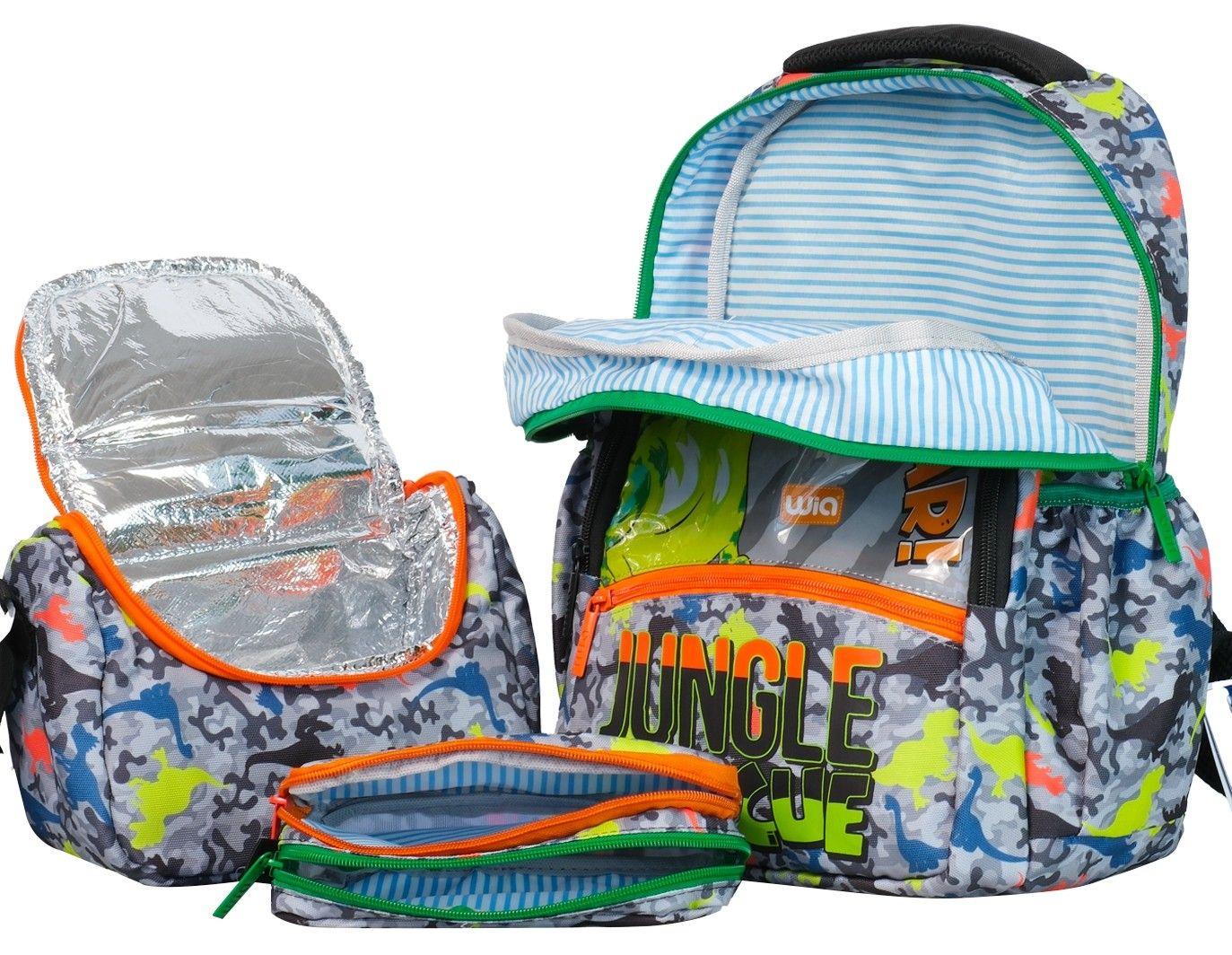 Wia Dinazor Baskılı Erkek Çocuk Üçlü Okul Çanta Seti - Gri-Yeşil