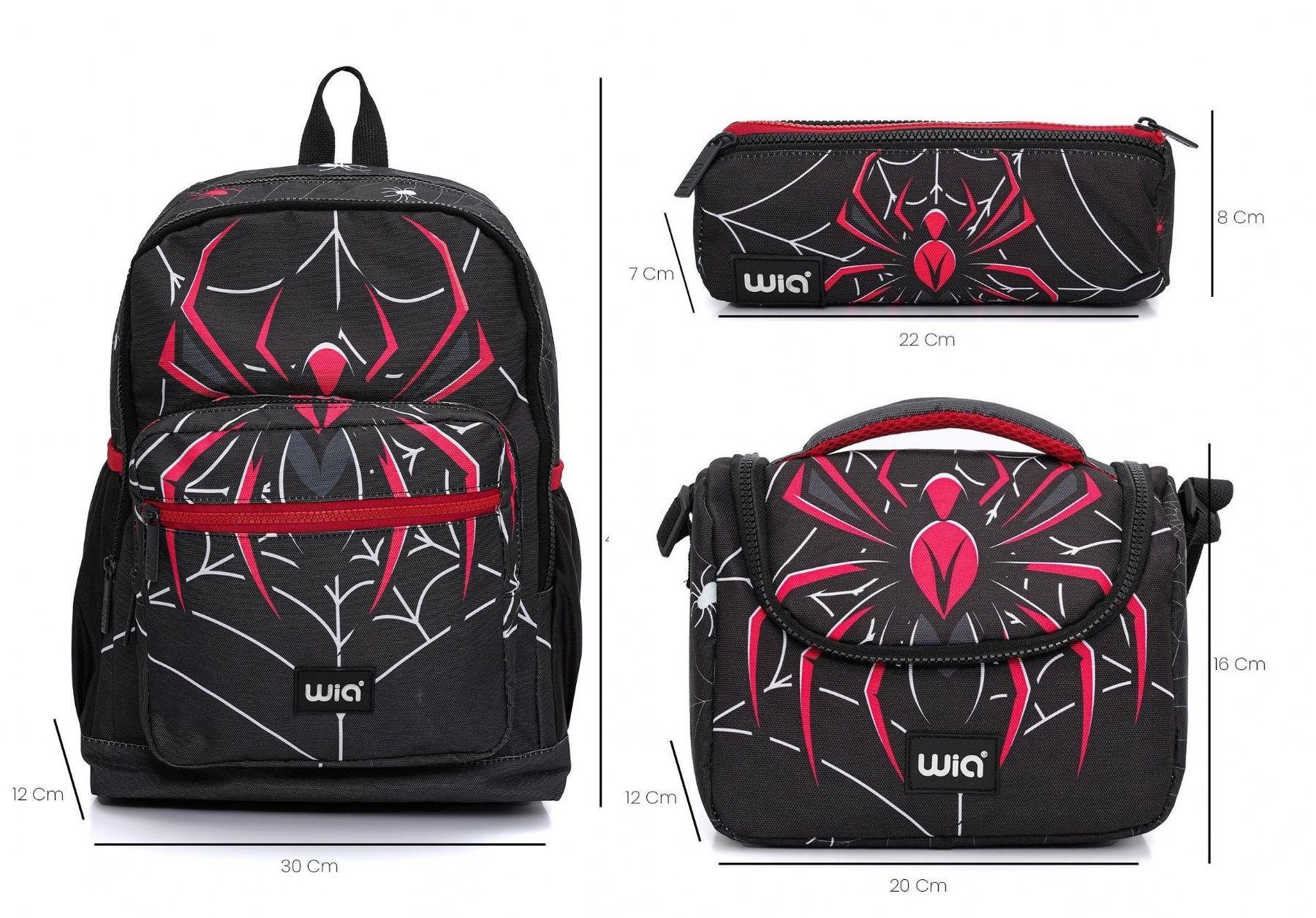 Wia Erkek Çocuk Örümcek Temalı 3'lü Okul Çanta Seti - Siyah-Kırmızı - İlkokul 1-2-3-4 İçin Uygun SW-031