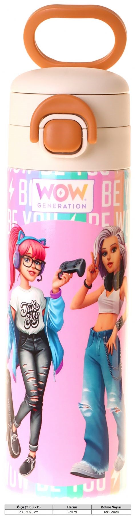 Wow Generation 520 ml Be You Baskılı Yeşil - Mor Kız Çocuk Çelik Termos Matara (Çift İçim Kilitli Kapak) - W6088