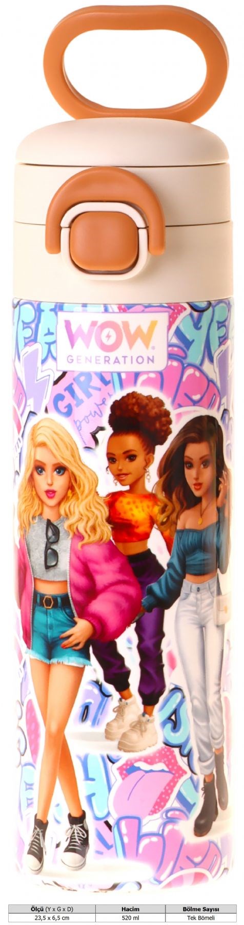 Wow Generation 520 ml Music Desenli Lila Kız Çocuk Çelik Termos Matara (Çift İçim Kilitli Kapak) - W6047