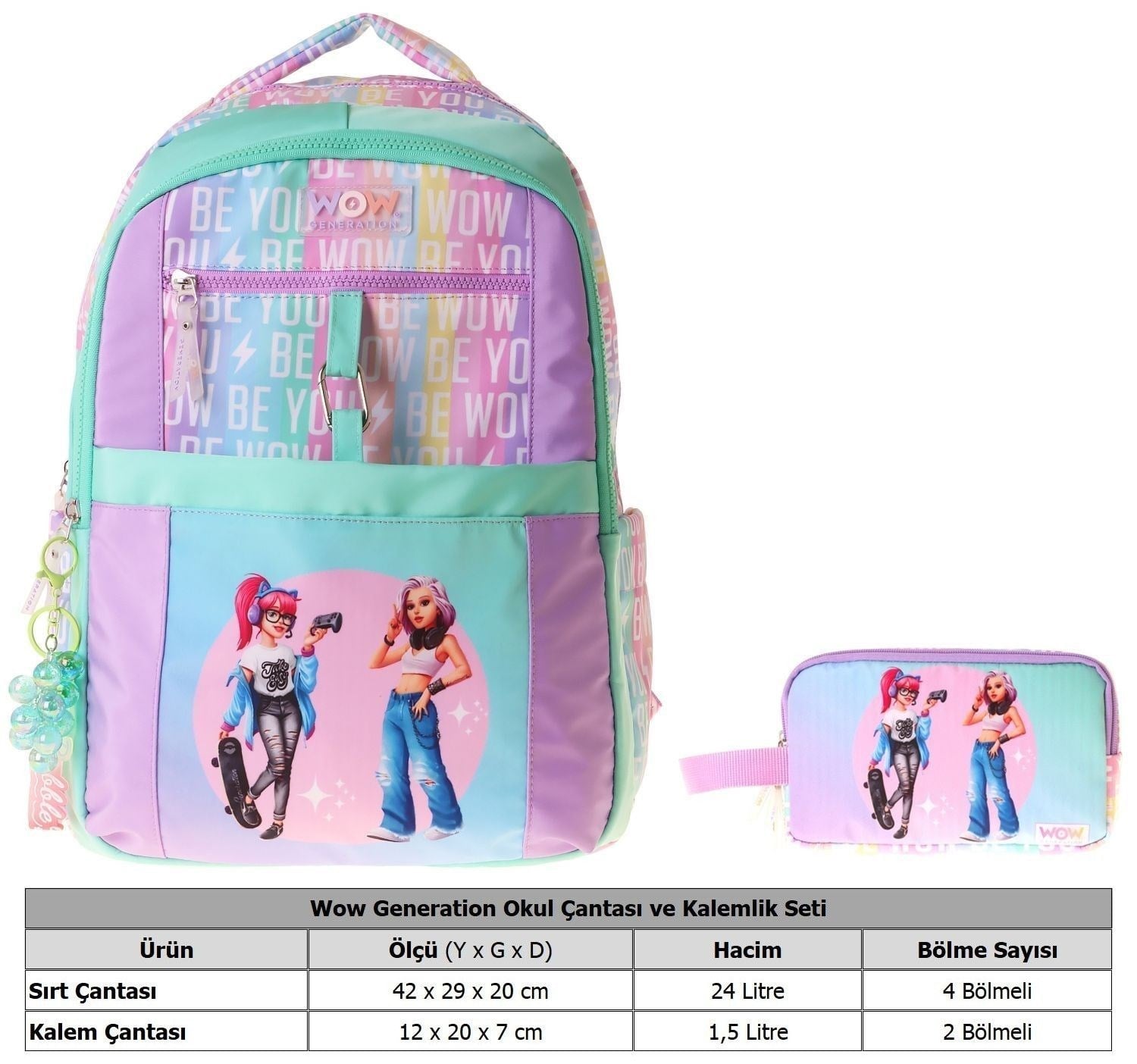 Wow Generation Be You Kız Çocuk (Yeşil - Mor) İlkokul Okul Çantası ve Kalemlik Seti - SETWG-W6085C