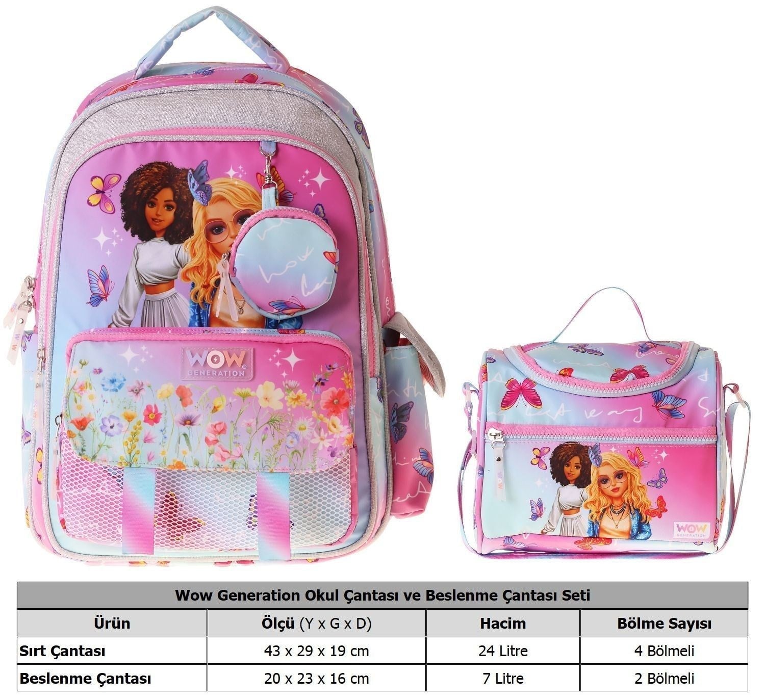 Wow Generation Butterfly İkili Okul Çanta Seti - Turkuaz - Pembe Butterfly Baskılı Kız Çocuk SETWG-W6074B