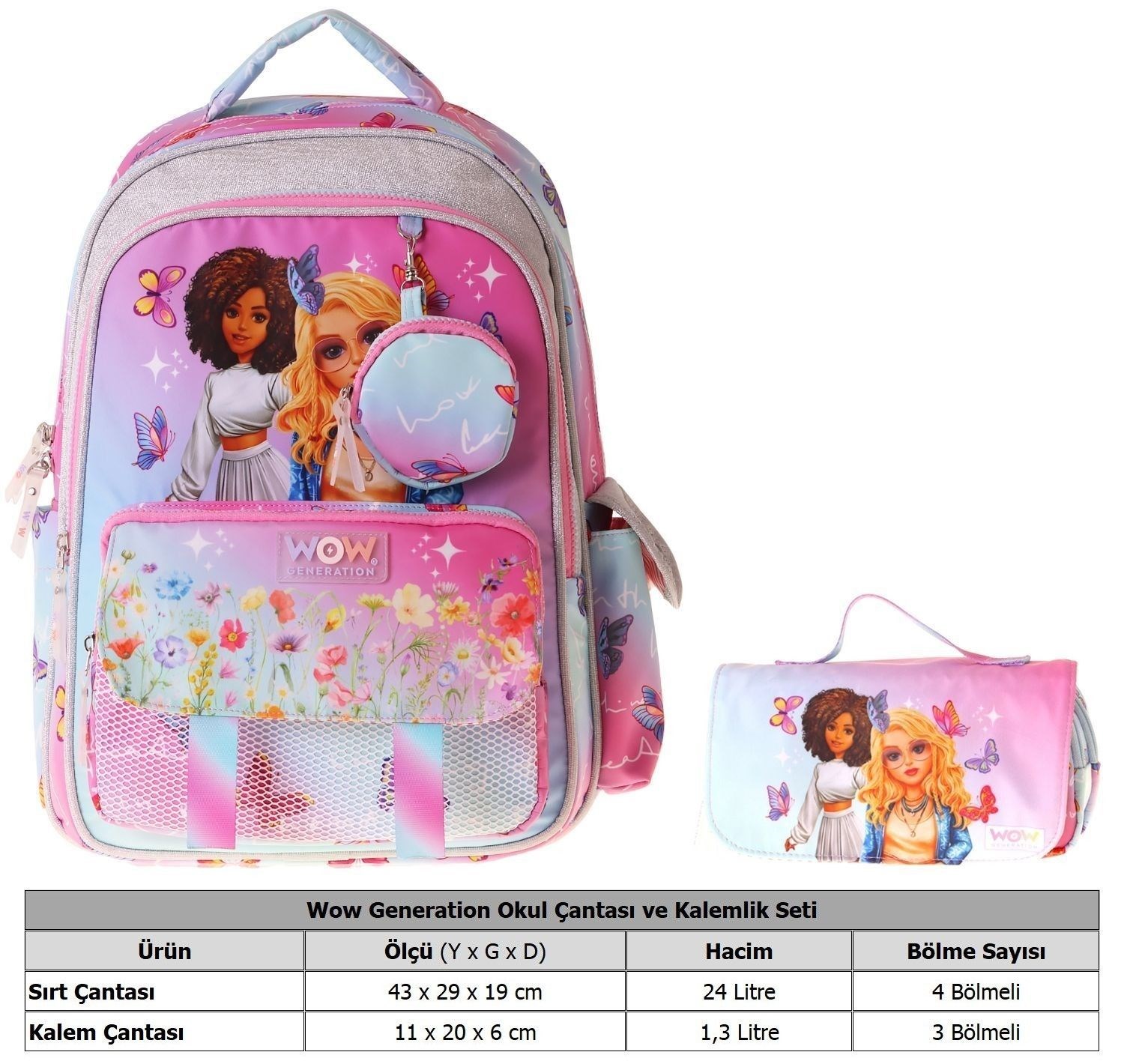 Wow Generation Butterfly Kız Çocuk (Turkuaz - Pembe) İlkokul Okul Çantası ve Kalemlik Seti - SETWG-W6074C