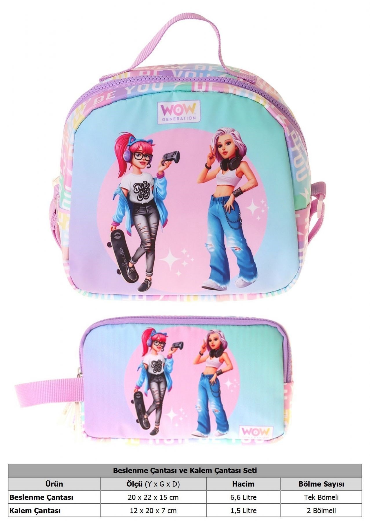 Wow Generation Kız Çocuk Be You (Yeşil - Mor) Thermo Beslenme Çantası ve Kalemlik Seti - SETWG-W6086