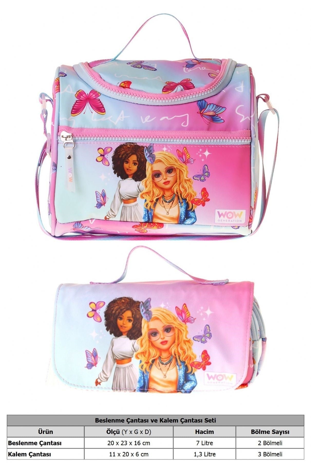 Wow Generation Kız Çocuk Butterfly (Turkuaz - Pembe) Thermo Beslenme Çantası ve Kalemlik Seti - SETWG-W6076