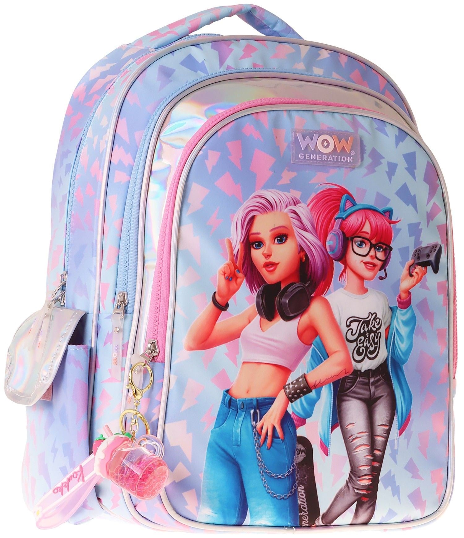 Wow Generation Kız Çocuk Cool Desenli (Mavi - Pembe) İlkokul ve Günlük Sırt Çantası (Üç Bölmeli) - W6039