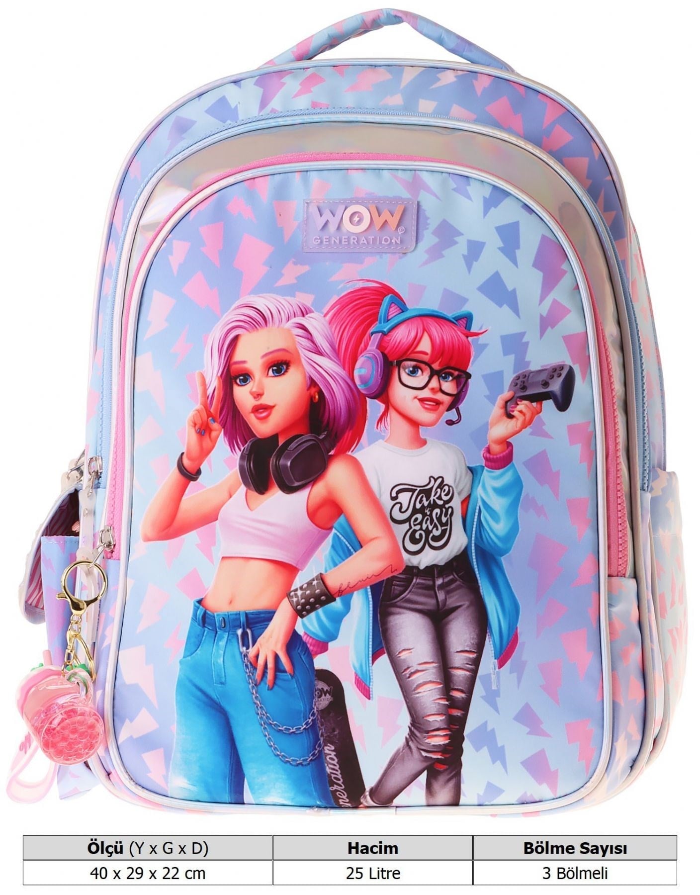 Wow Generation Kız Çocuk Cool Desenli (Mavi - Pembe) İlkokul ve Günlük Sırt Çantası (Üç Bölmeli) - W6039