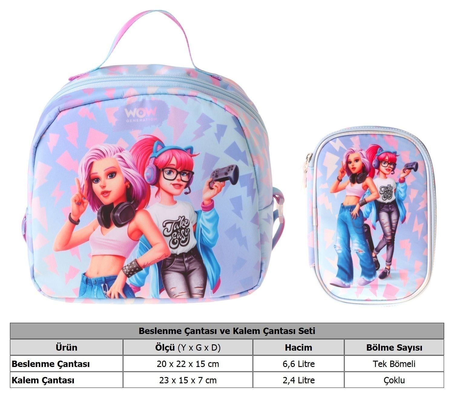 Wow Generation Kız Çocuk Cool (Mavi - Pembe) Thermo Beslenme Çantası ve Kalemlik Seti - SETWG-W6040