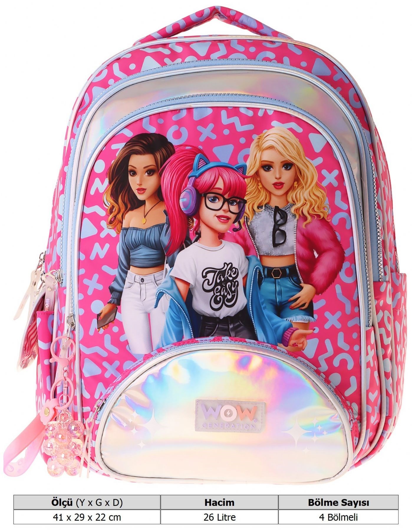 Wow Generation Kız Çocuk Girl Friends Baskılı Kırmızı İlkokul ve Günlük Okul Sırt Çantası - W6059 - Dört Bölmeli
