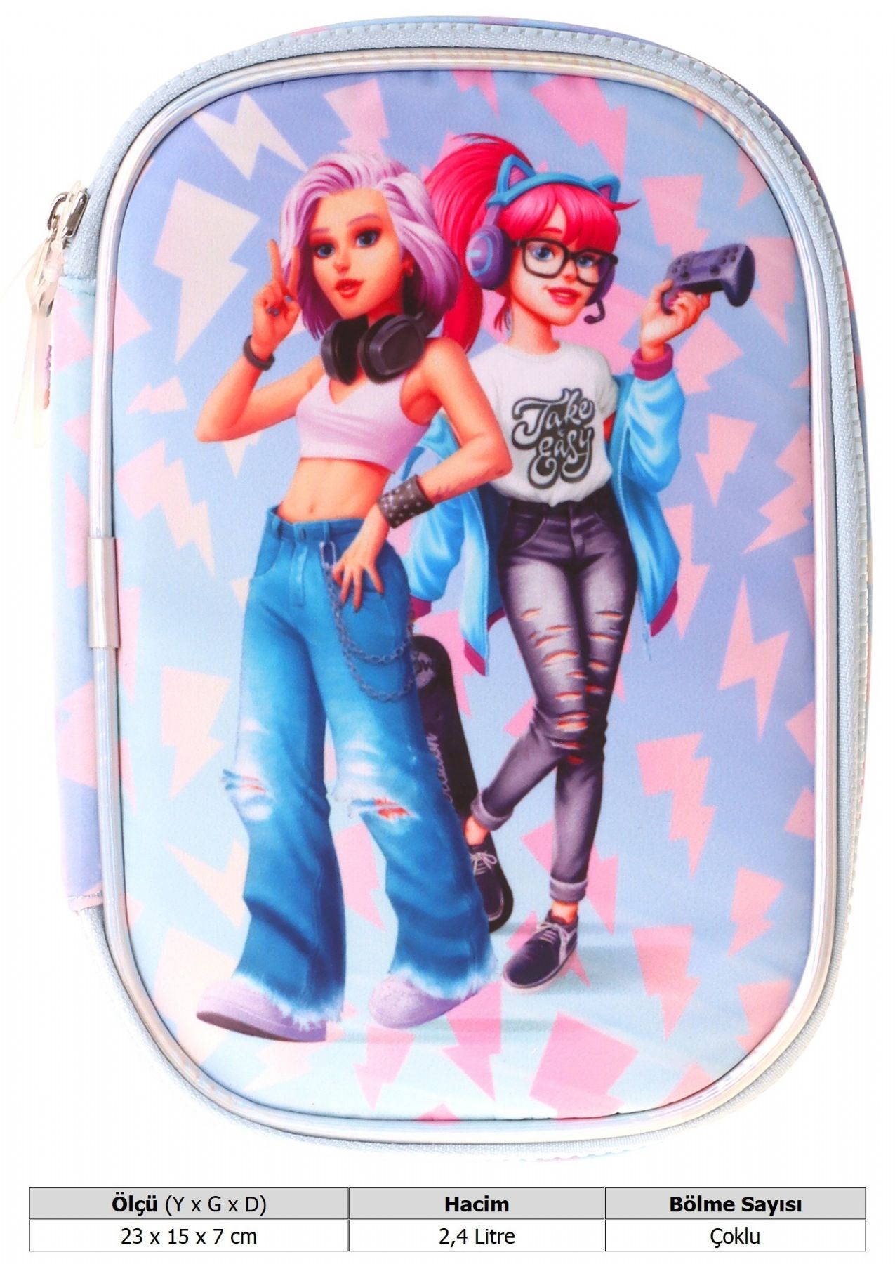 Wow Generation Kız Çocuk Mavi - Pembe Cool Desenli Organizer Düzenleyici Kalem Çantası - W6041
