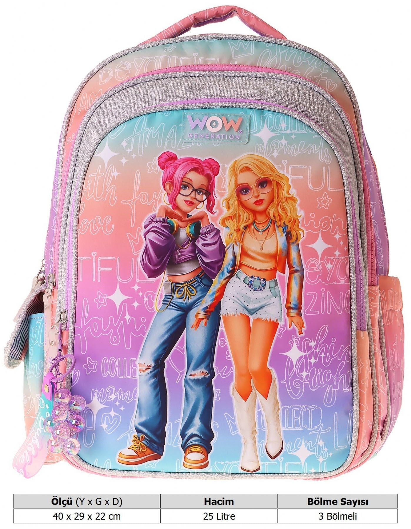 Wow Generation Kız Çocuk Star Desenli (Pembe - Mor) İlkokul ve Günlük Sırt Çantası (Üç Bölmeli) - W6033